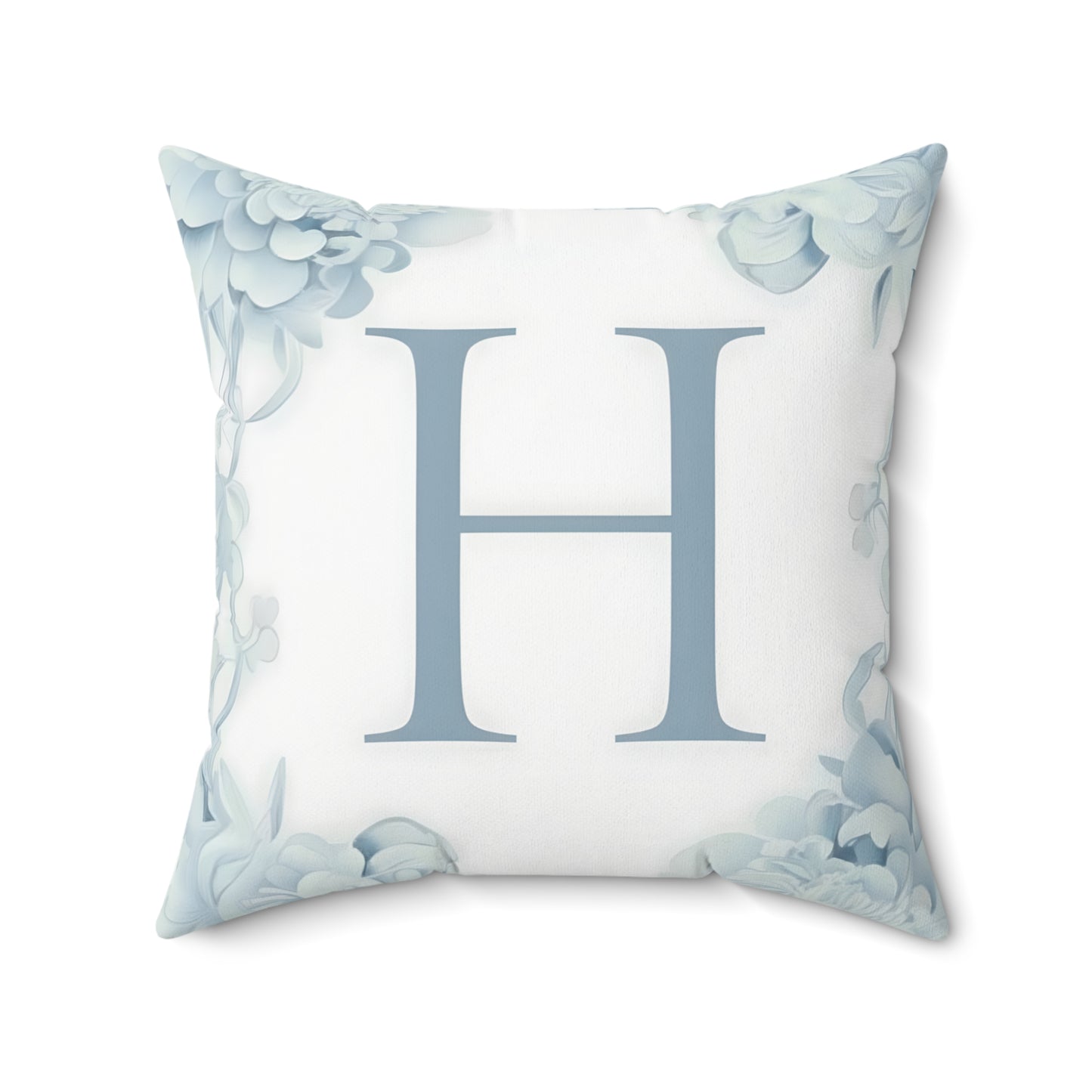 Monogram H Floral Throw Pillow — Blue Initial Accent Cushion