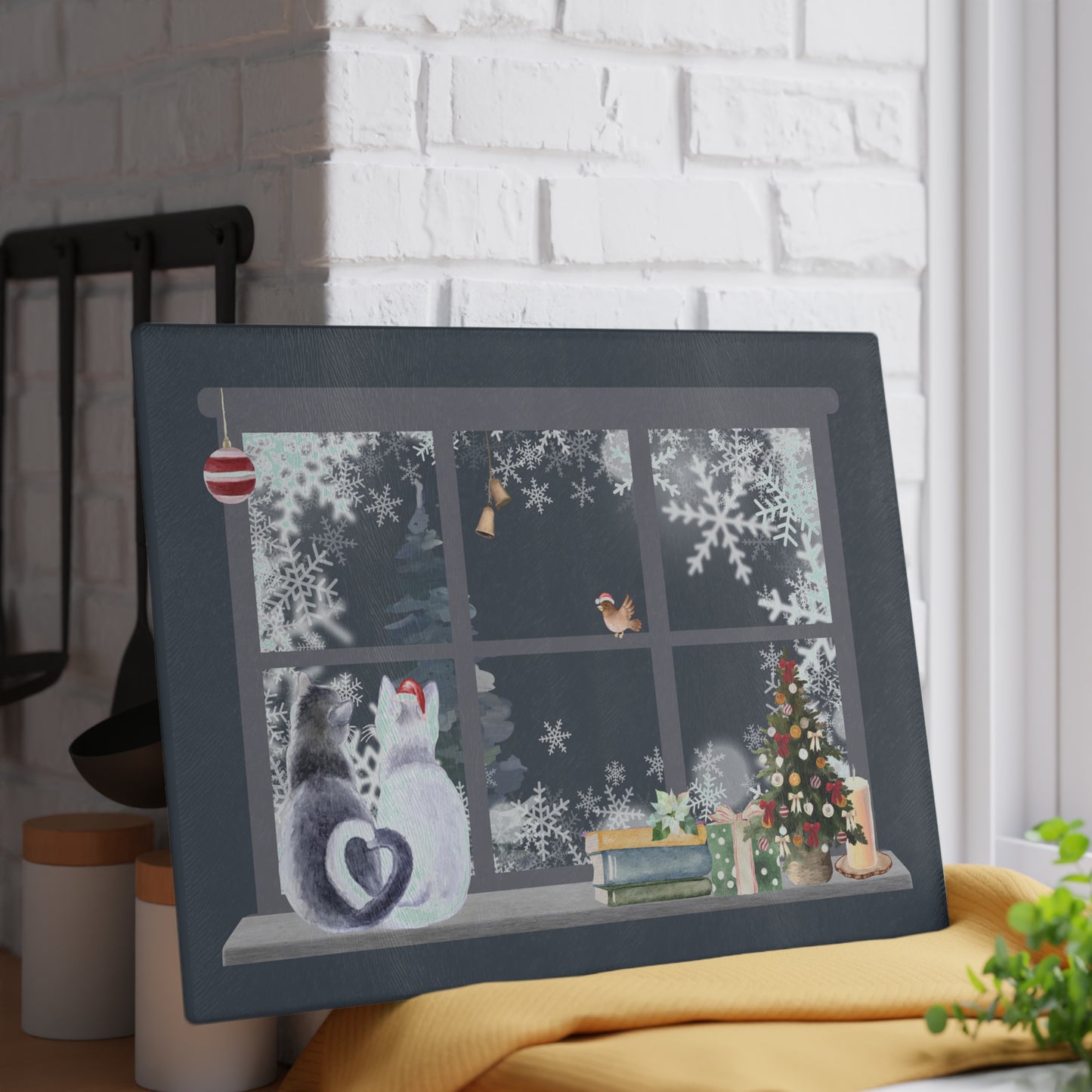 Glass Cutting Board - Cozy Winter Cats by Window Holiday Kitchen Decor