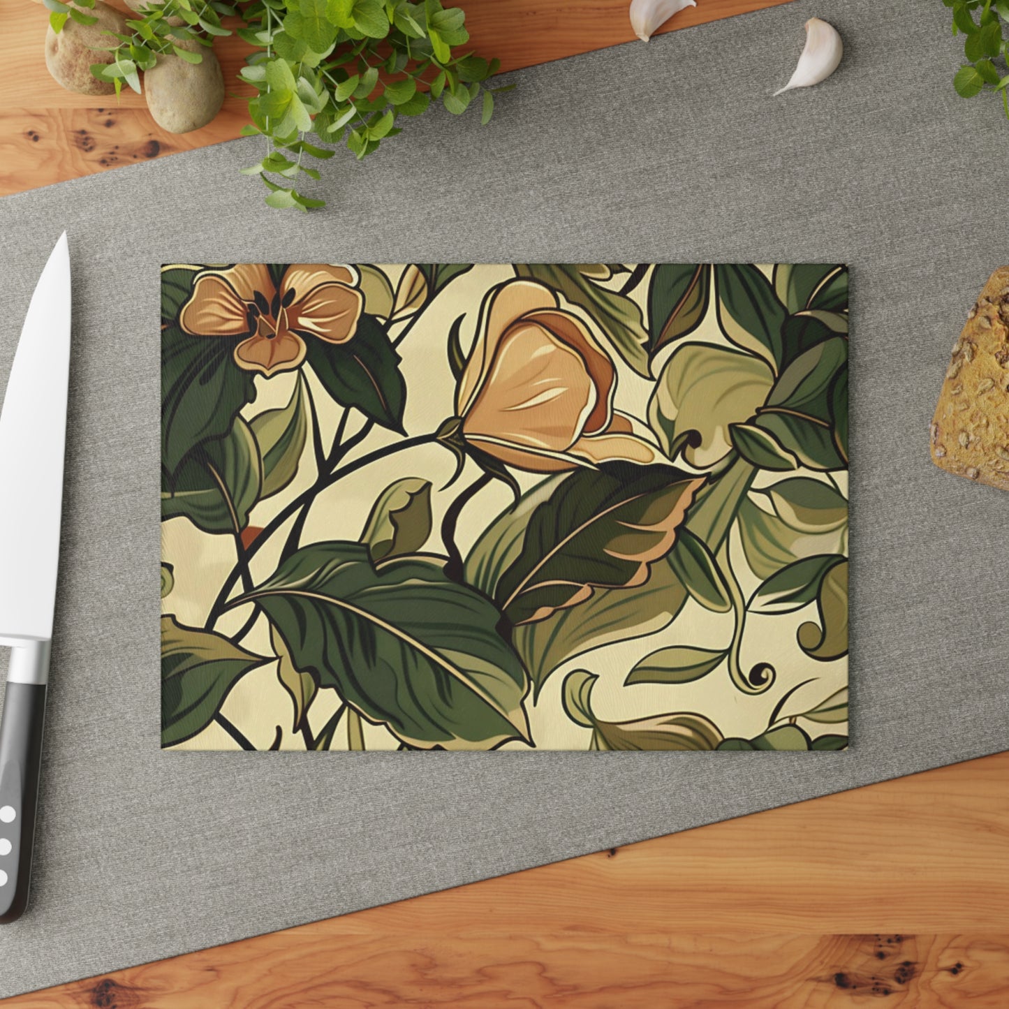 Floral Vine Glass Cutting Board — Vintage Botanical Design