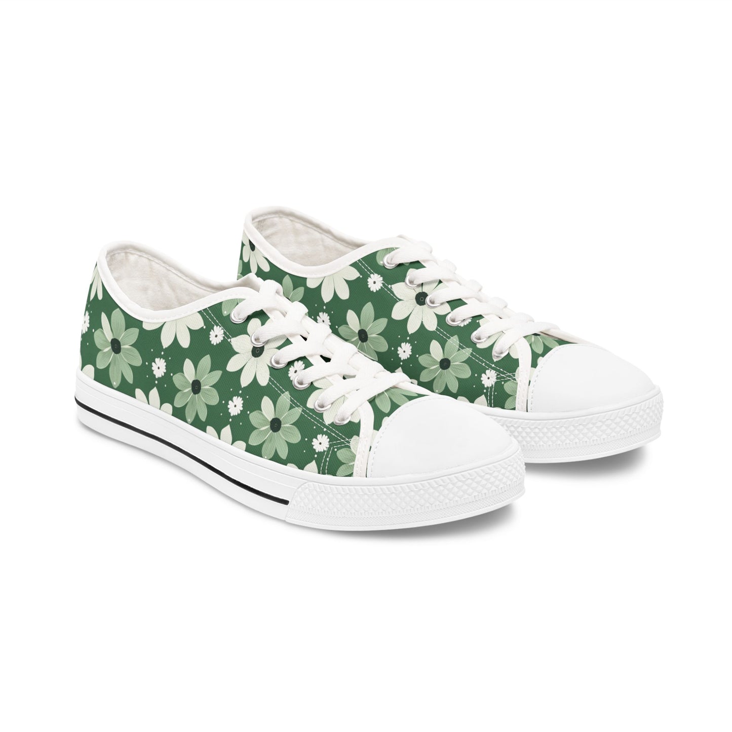 Floral Green Daisy Low Top Sneakers — Casual Garden Print Shoes