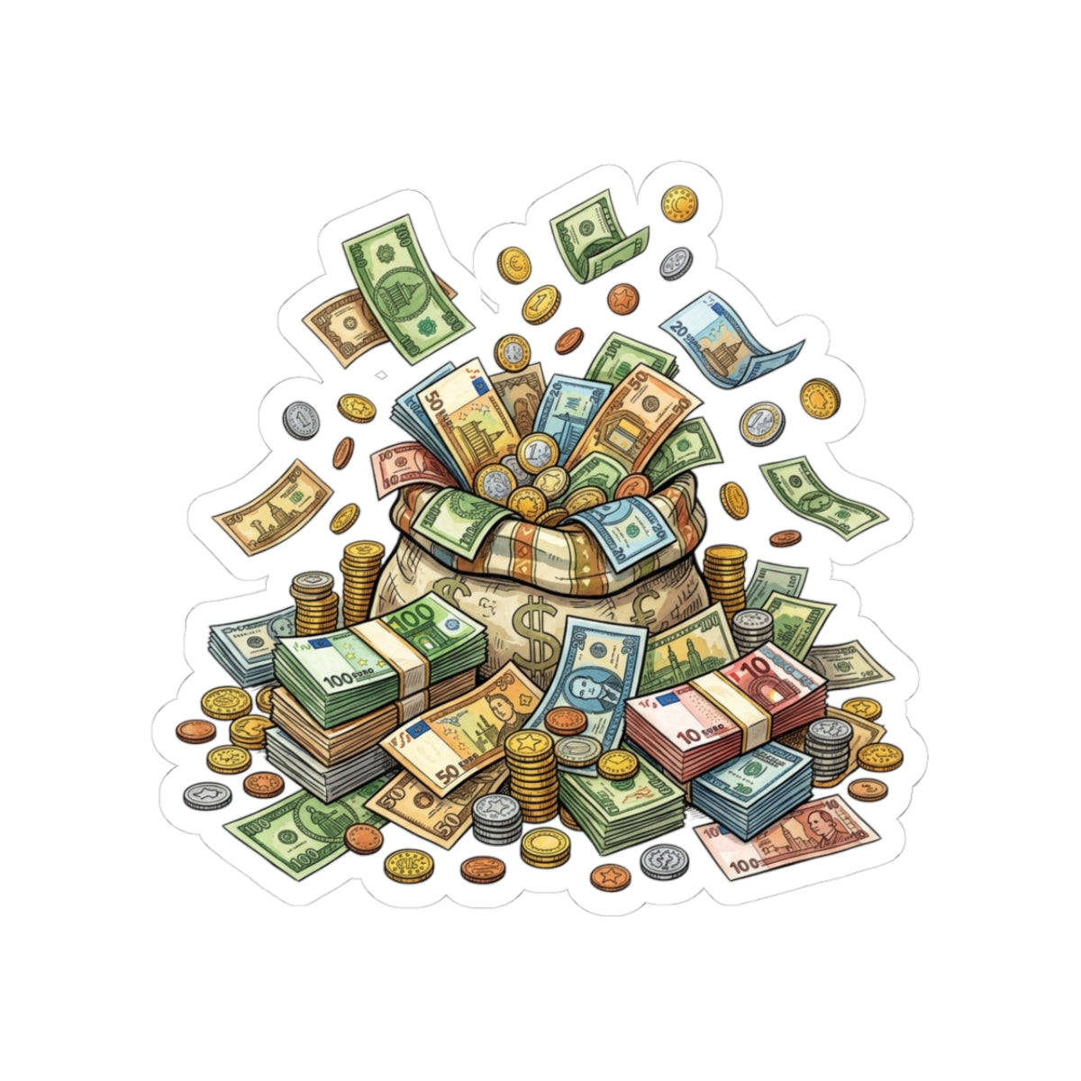 Money Pile Kiss-Cut Sticker — Cash & Coins Illustration Laptop Decal