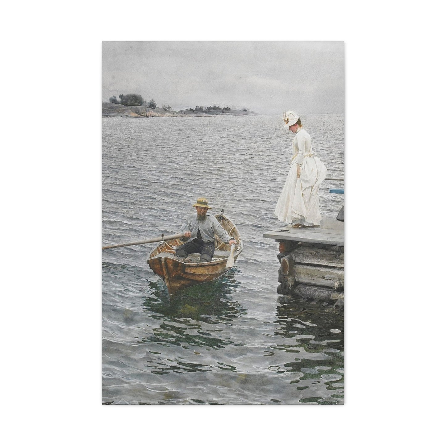 Seaside Stroll Canvas Print — Vintage Woman & Rowboat Matte Stretched Art 1.25"