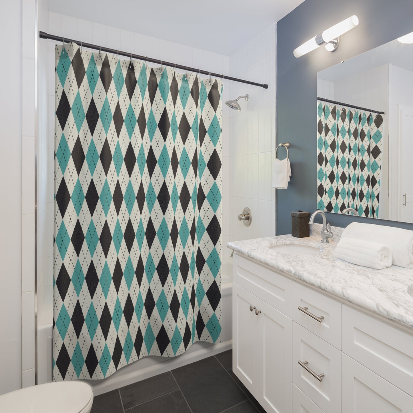 Stylish Geometric Shower Curtain, Modern Bathroom Decor, Aqua and Black Argyle, Unique Gift for Home Renovation, Holiday Essential, [...]