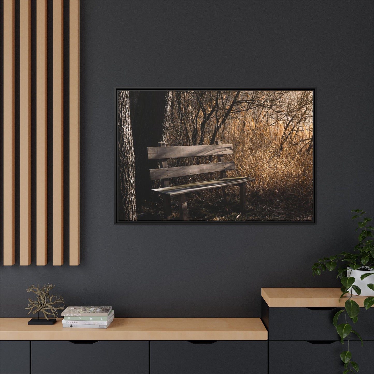 Framed Matte Canvas Print — Autumn Park Bench Photography