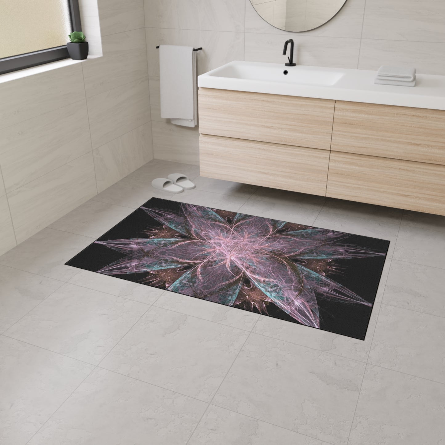 Abstract Floral Mandala Heavy-Duty Floor Mat — Pink Teal Fractal Design