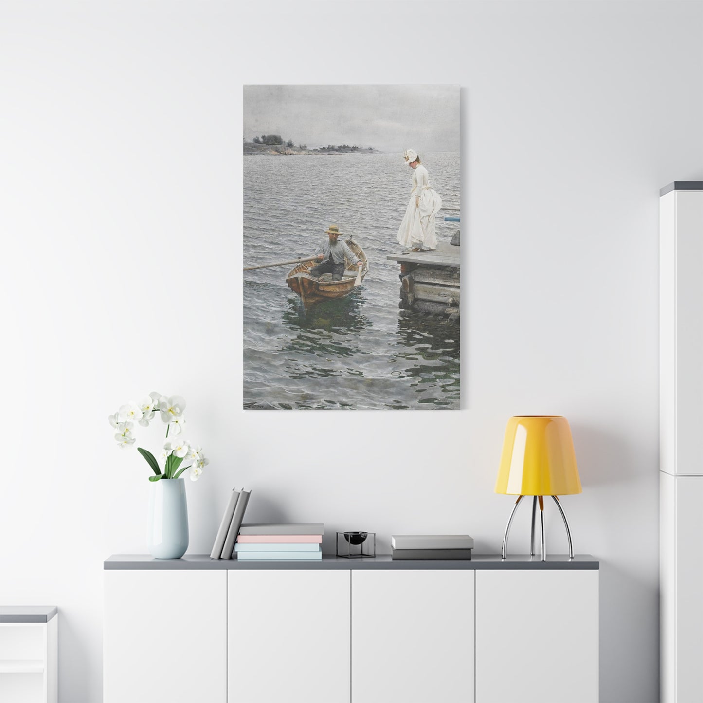 Seaside Stroll Canvas Print — Vintage Woman & Rowboat Matte Stretched Art 1.25"