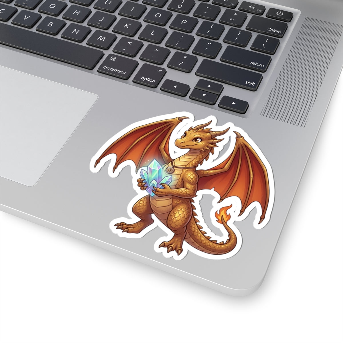 Golden Dragon Sticker — Cute Fantasy Dragon Holding Crystal Kiss-Cut Vinyl Sticker