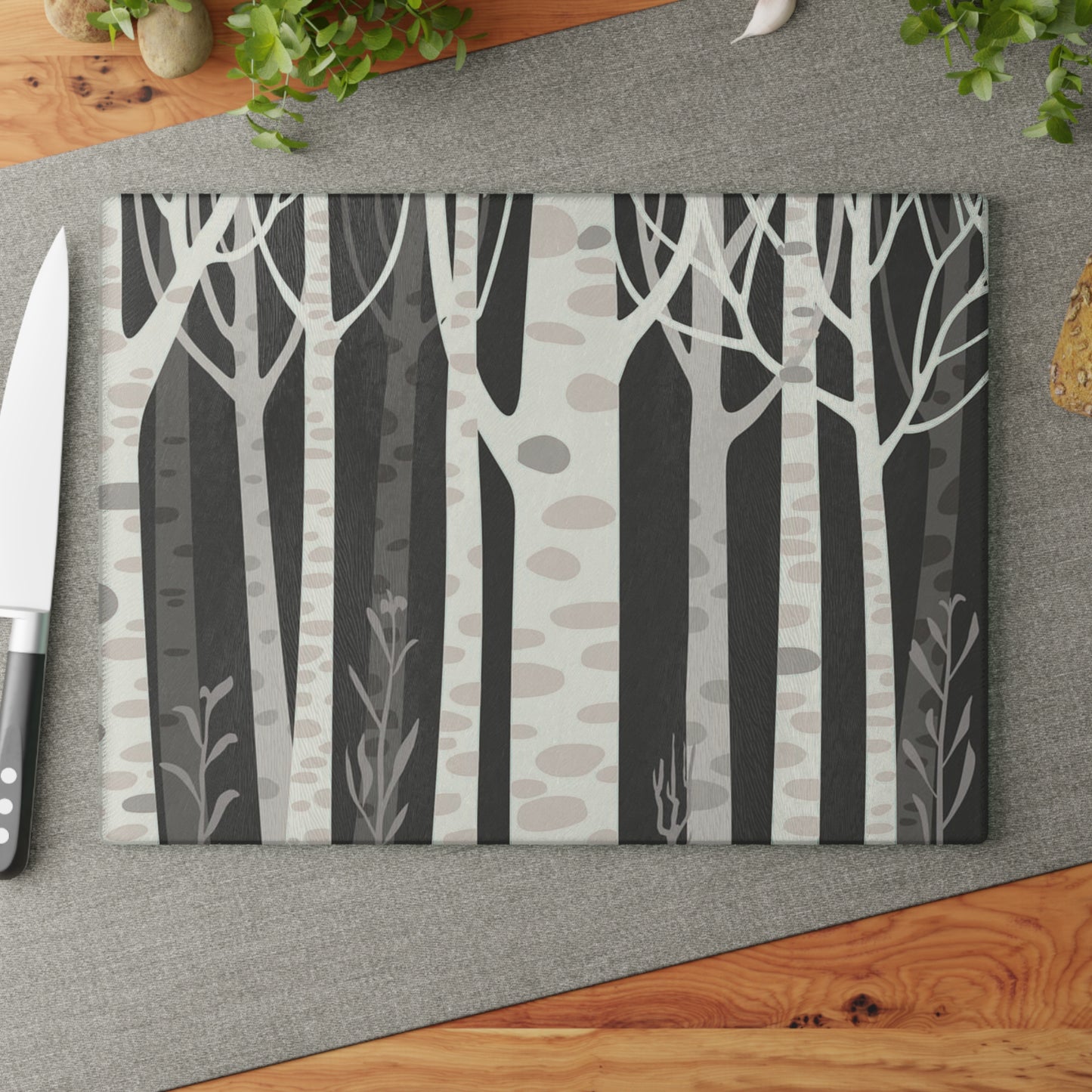 Birch Forest Glass Cutting Board – Monochrome Woodland Kitchen Decor