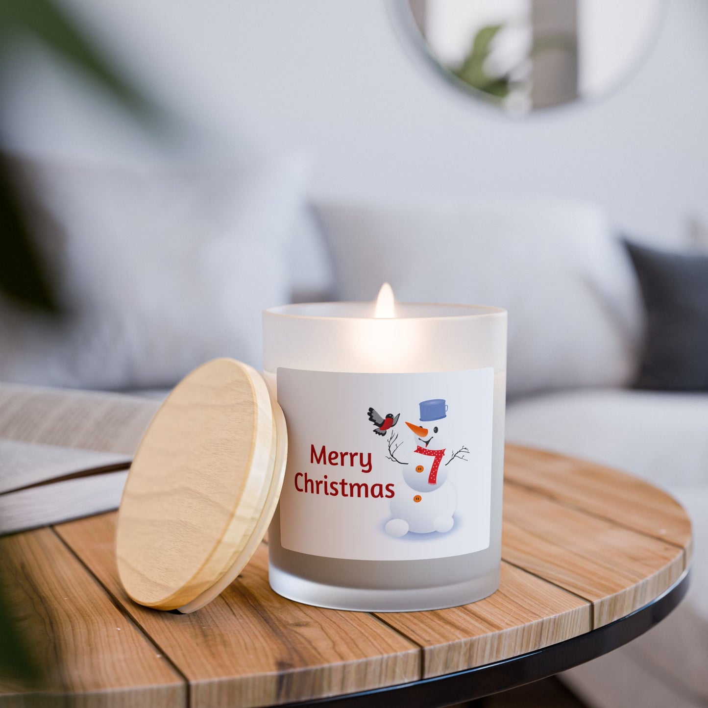Festive Snowman Candle, 11oz Candle with Wooden Lid, Cozy Winter Gift, Holiday Decor, Christmas Candle, Winter Wonderland Home