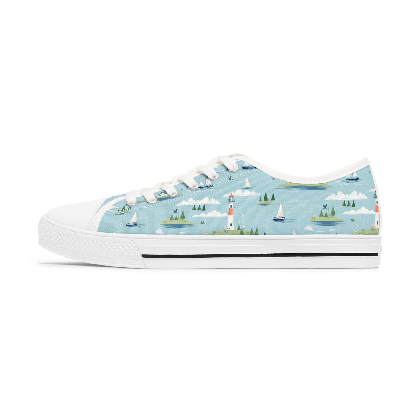 Low Top Sneakers — Nautical Lighthouse Pattern, Cute Coastal Women’s Casual Shoes