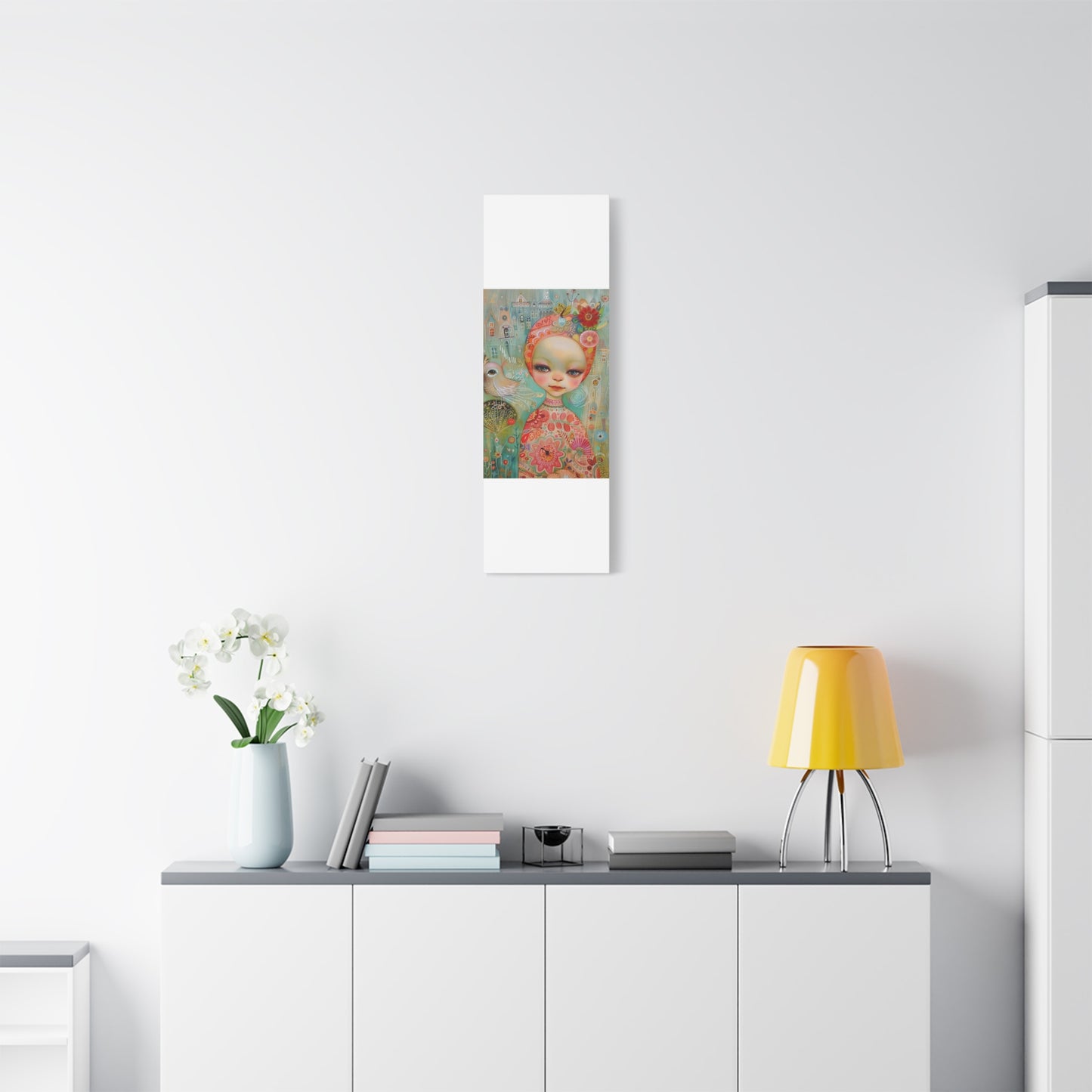 Whimsical Girl & Bird Matte Canvas Wall Art — Stretched Decorative Painting