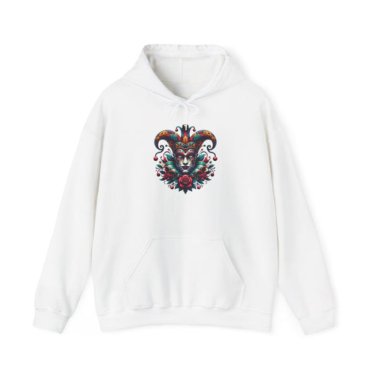 Colorful Jester Hoodie, Unique Graphic Sweatshirt, Cozy Unisex Apparel, Perfect for Festivals and Celebrations, Great Gift Idea
