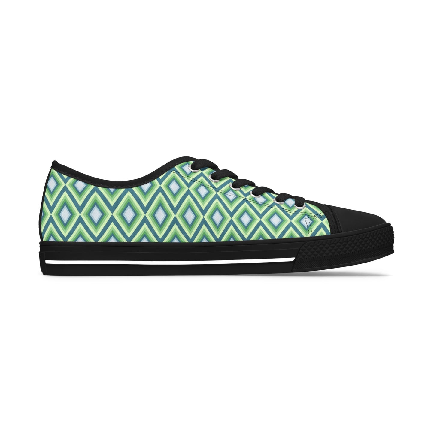 Green Geometric Diamond Pattern Women's Low Top Sneakers — Casual Retro Graphic Tennis Shoes
