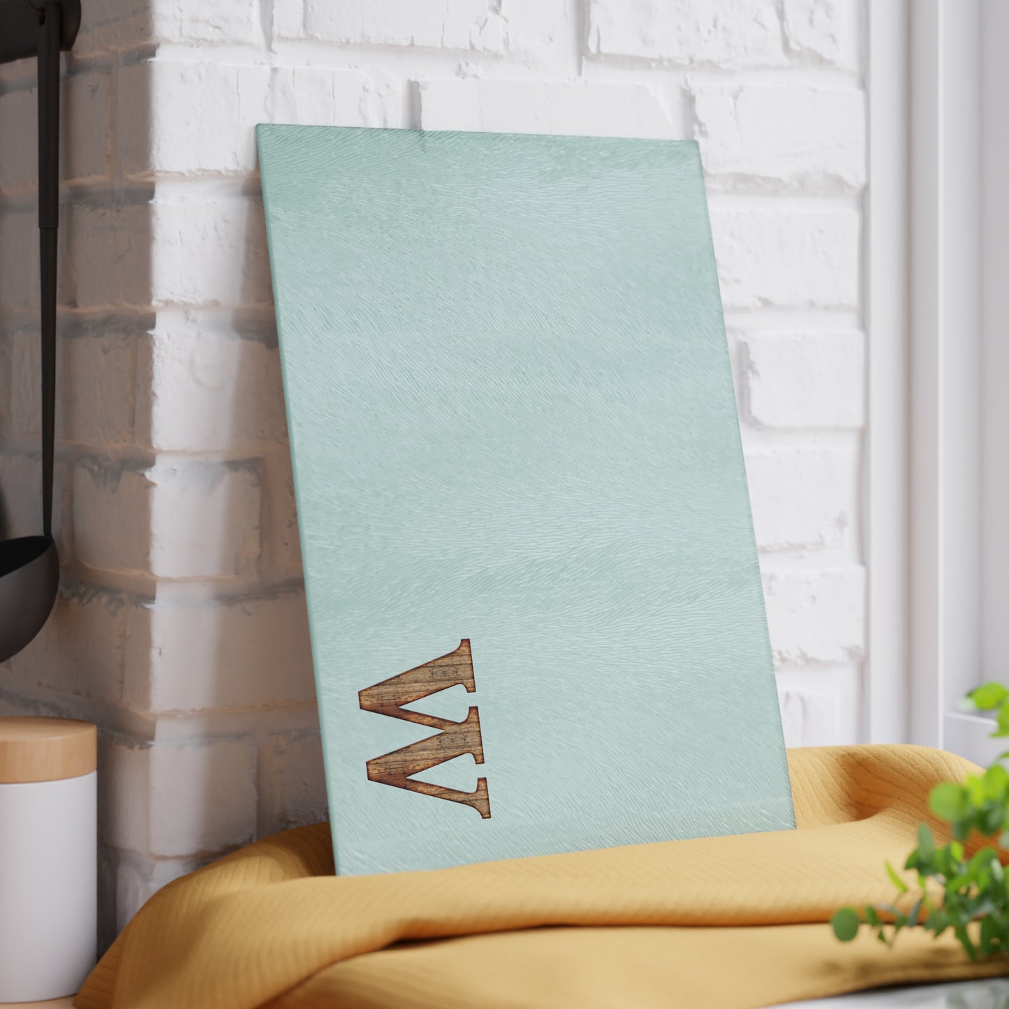 Monogram Glass Cutting Board — Mint or Clear Tempered Glass with Wood 'W' Initial