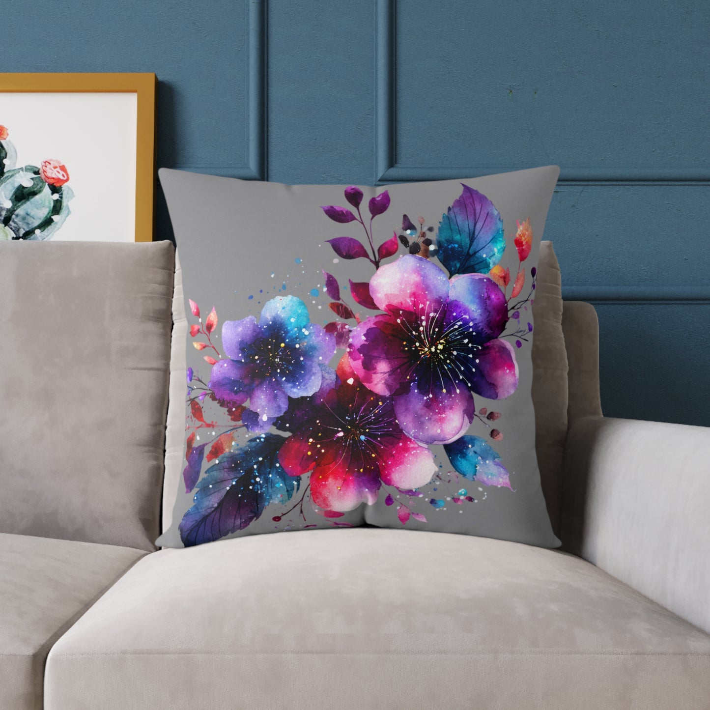 Floral Galaxy Pillow — Vibrant Watercolor Flower Square Pillow