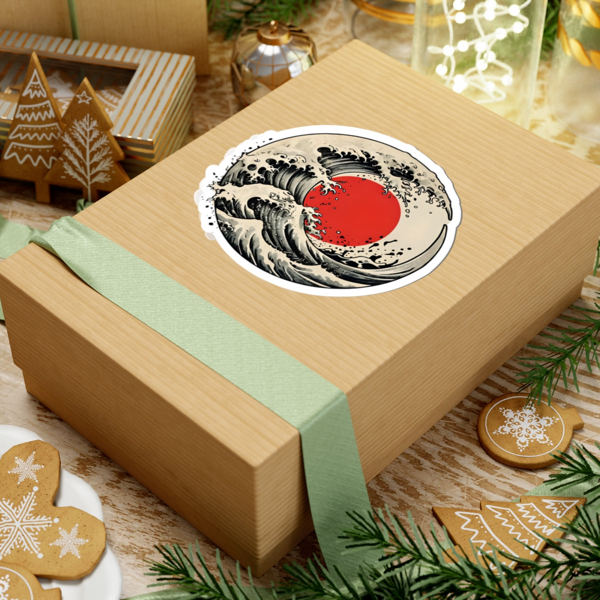 Japanese Wave Sticker — Red Sun Hokusai-Inspired Vinyl Decal