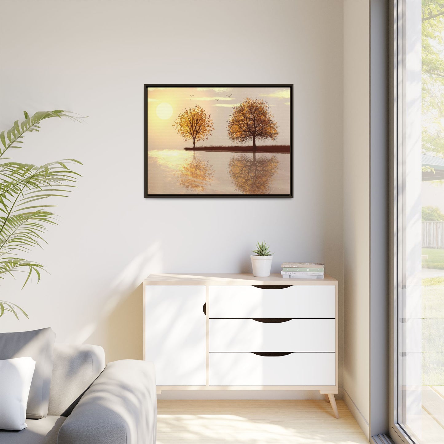 Framed Matte Canvas Wall Art — Golden Autumn Trees Reflection