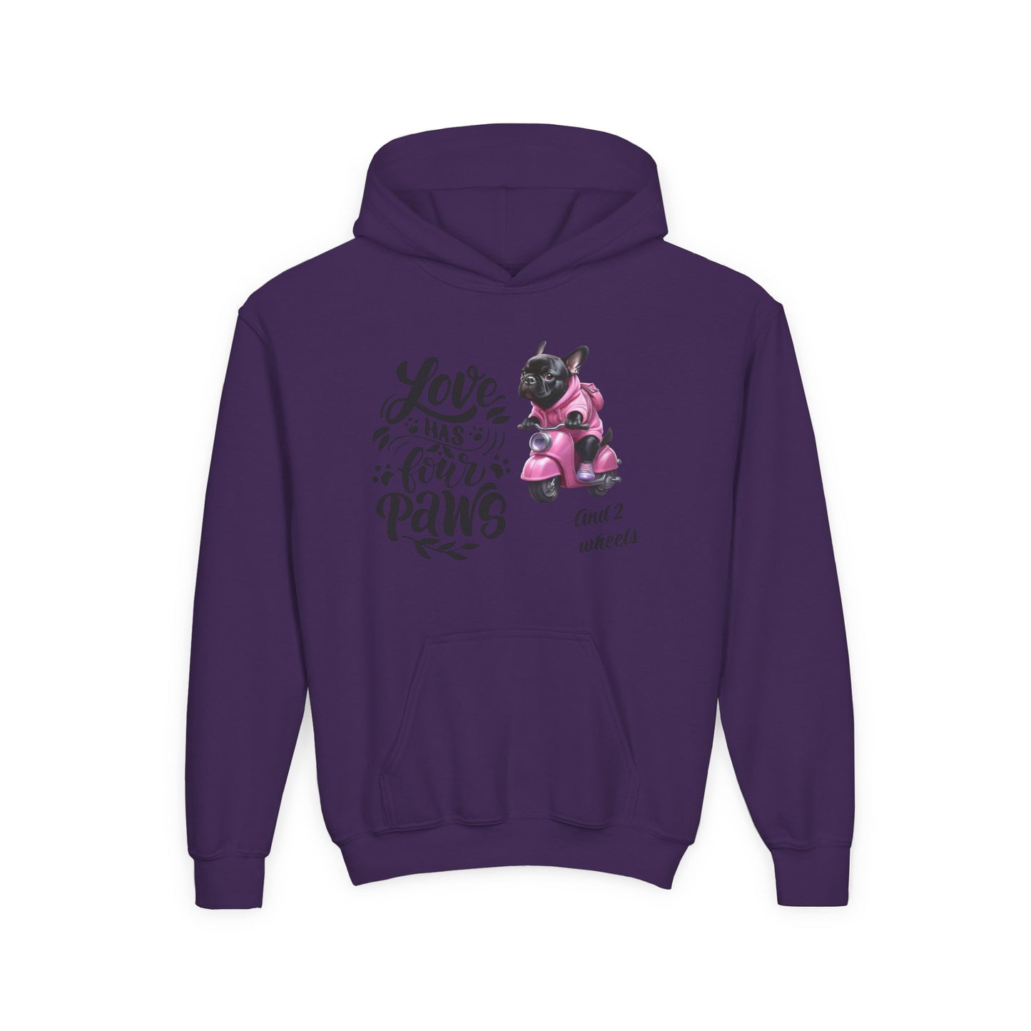 Youth Hoodie — "Love Has Four Paws" Pink Scooter French Bulldog Graphic