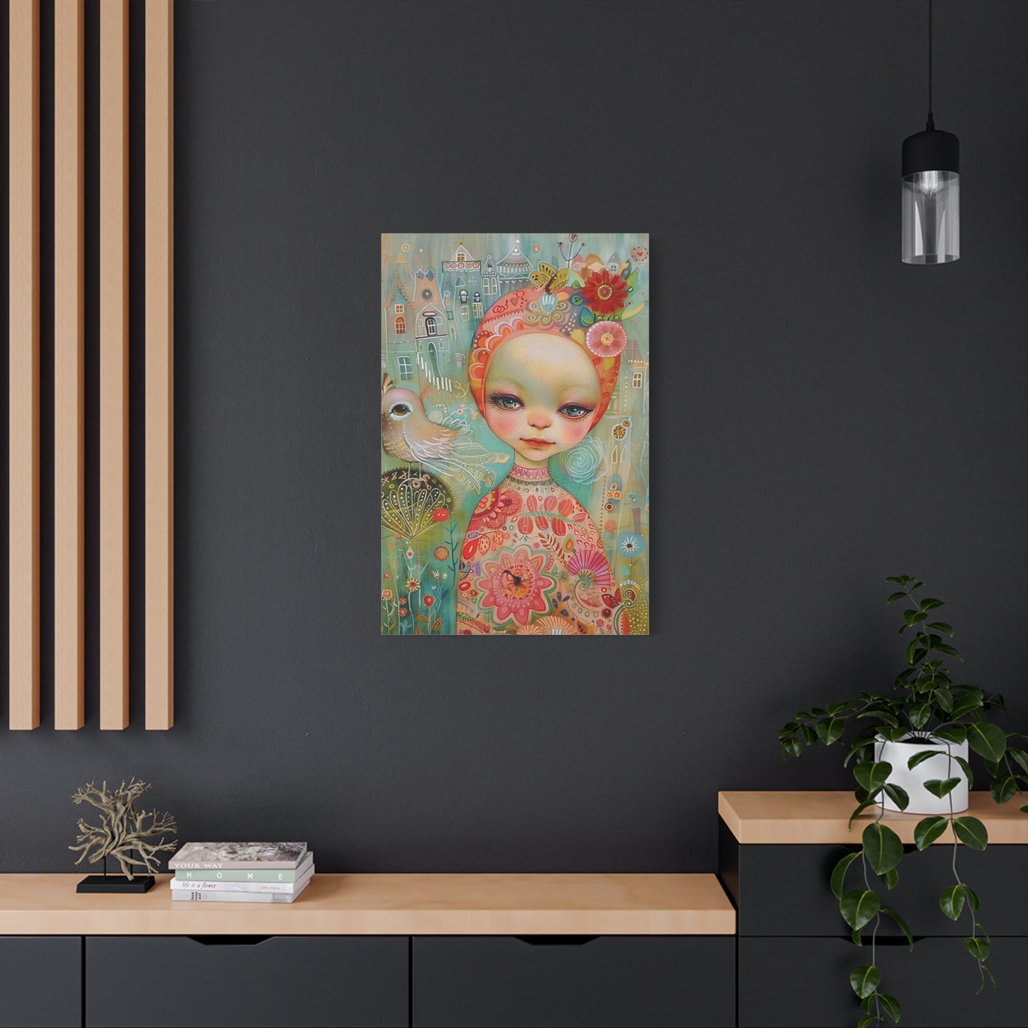 Whimsical Girl & Bird Matte Canvas Wall Art — Stretched Decorative Painting