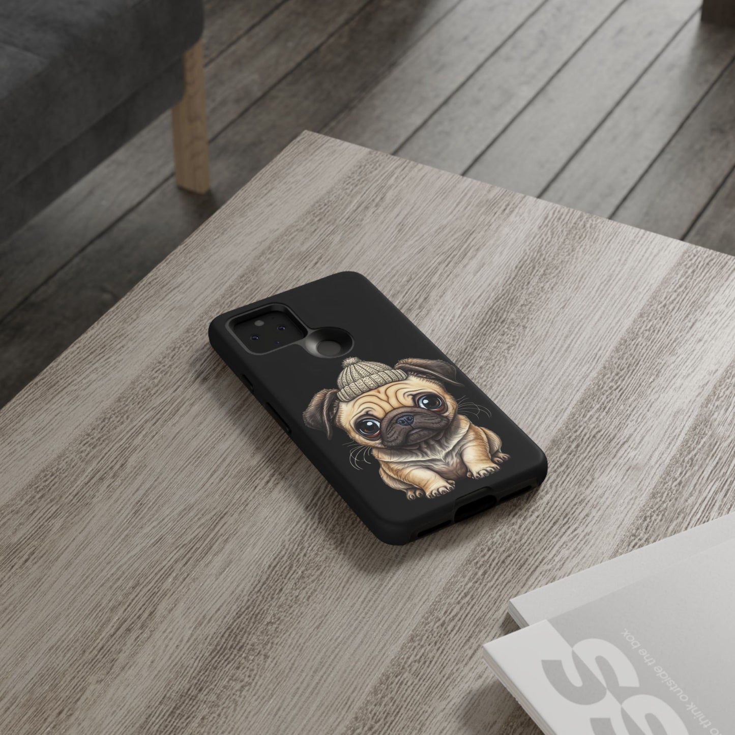 Pug Phone Case – Cute Pug Puppy Illustration on Black Tough Case