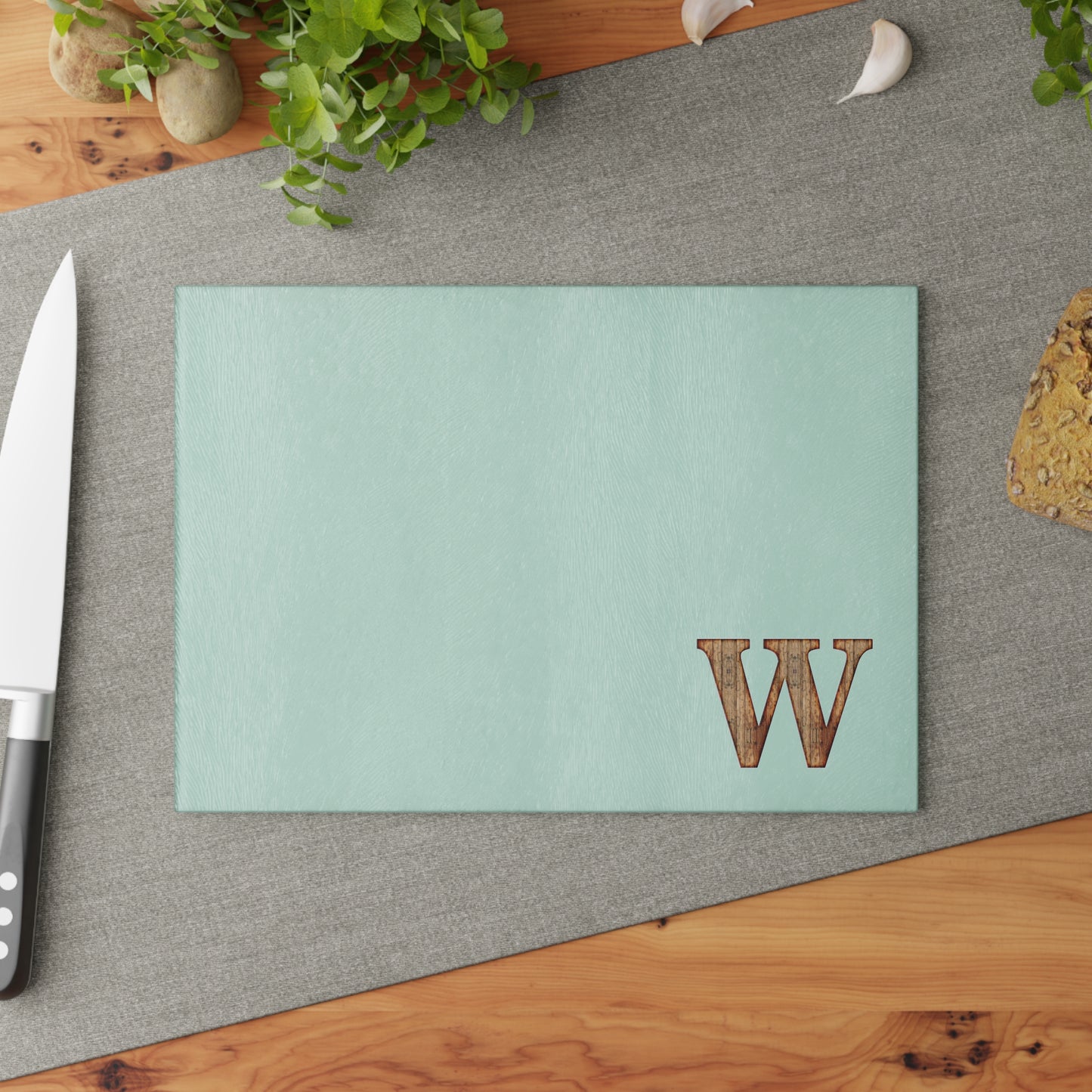 Monogram Glass Cutting Board — Mint or Clear Tempered Glass with Wood 'W' Initial