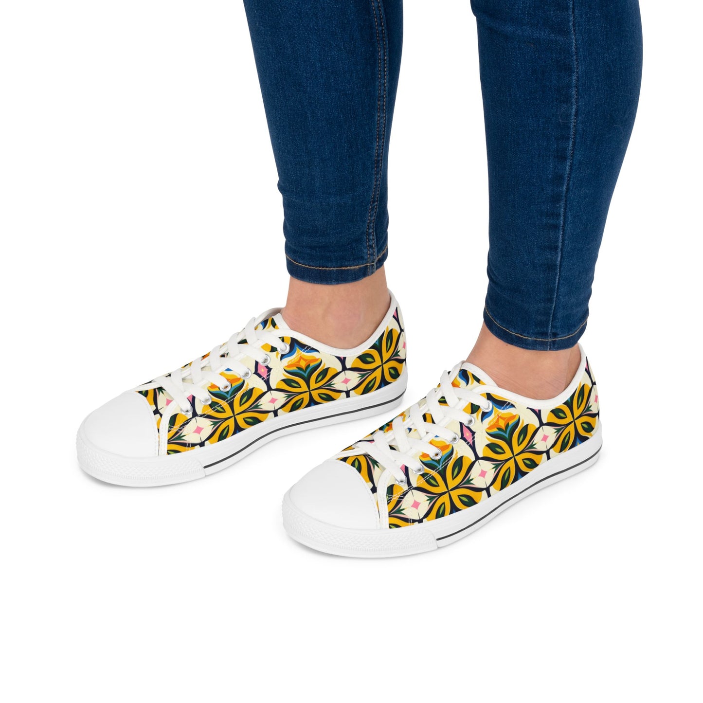 Floral Geometric Low Top Sneakers — Yellow Retro Tile Pattern