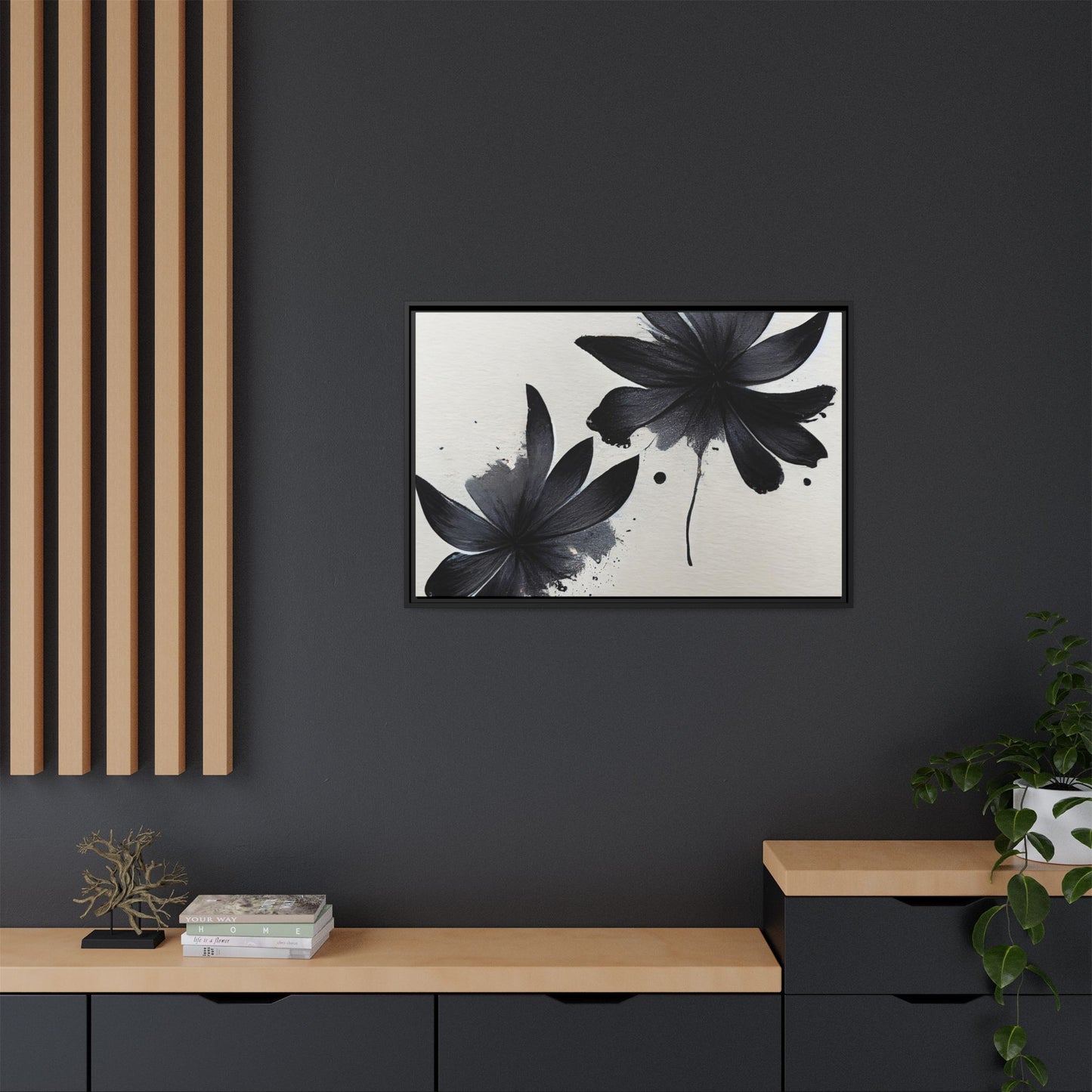 Framed Black Floral Matte Canvas Wall Art — Monochrome Botanical Print