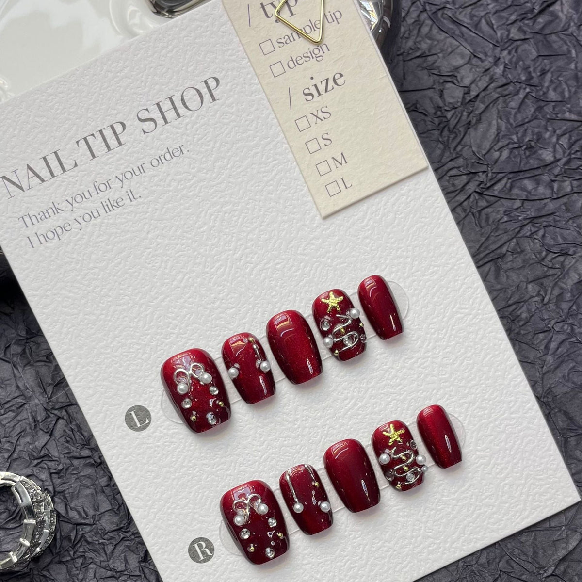 Wine Red Pearl Christmas Press‑On Nails – Snowflake & Ribbon Design – Image 3