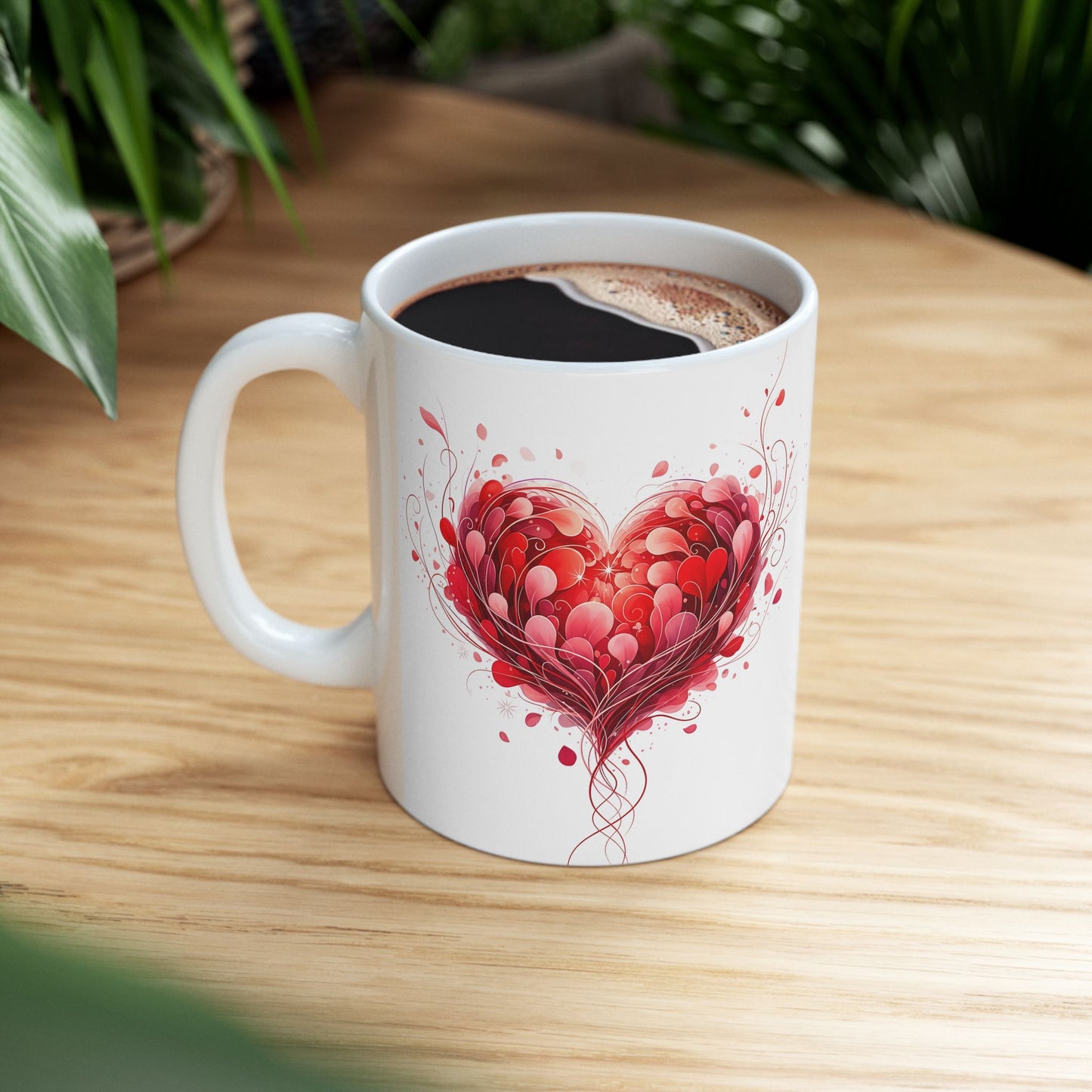 Heart Blossom Ceramic Mug — Red Floral Heart Coffee Cup (11oz, 15oz)
