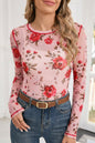 Pink Floral Print Exposed Seam Detail Mesh Long Sleeve Top