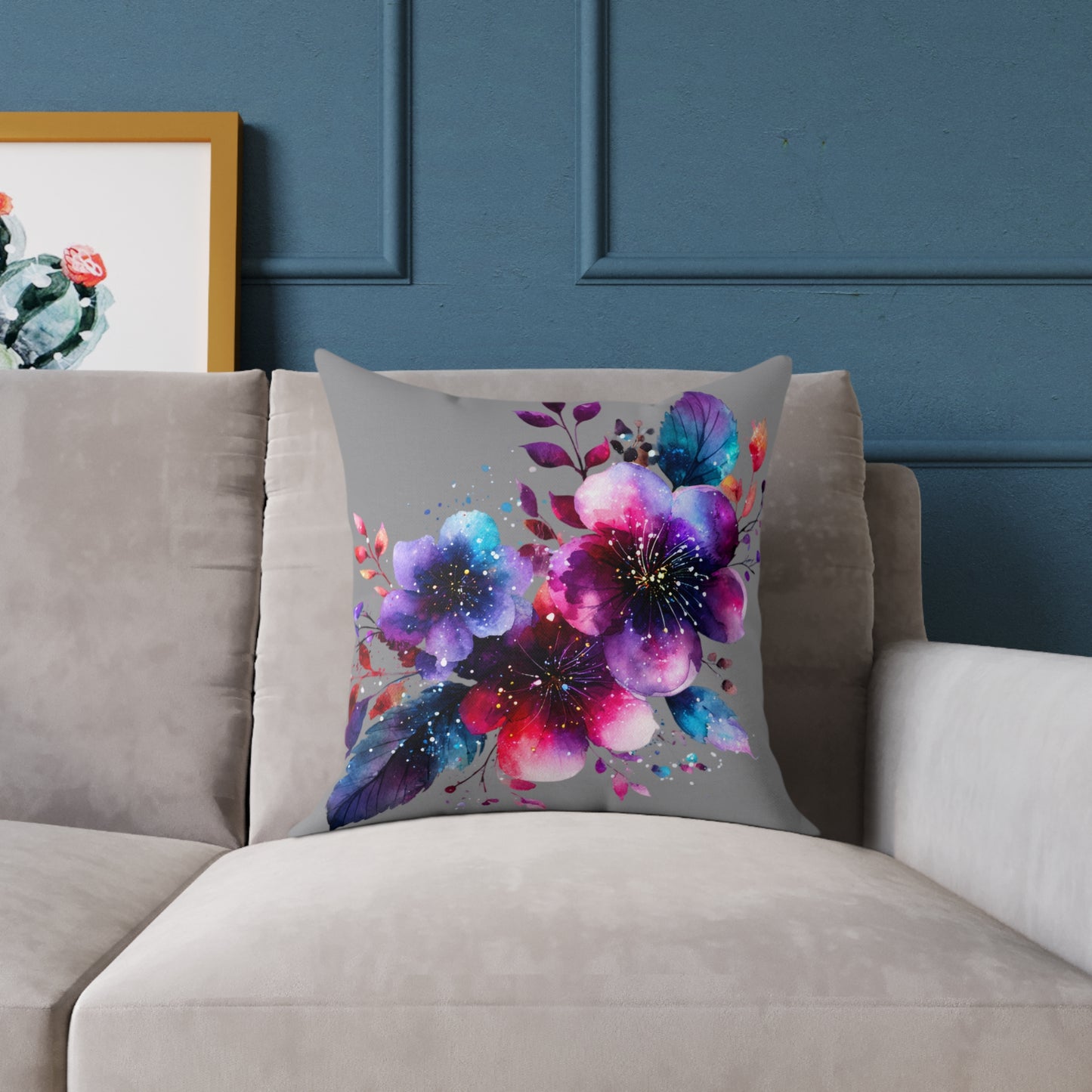 Floral Galaxy Pillow — Vibrant Watercolor Flower Square Pillow