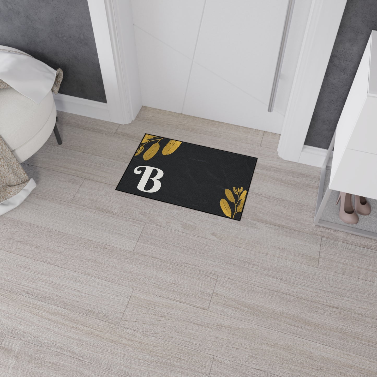 Monogram B Heavy Duty Floor Mat — Black & Gold Botanical Doormat