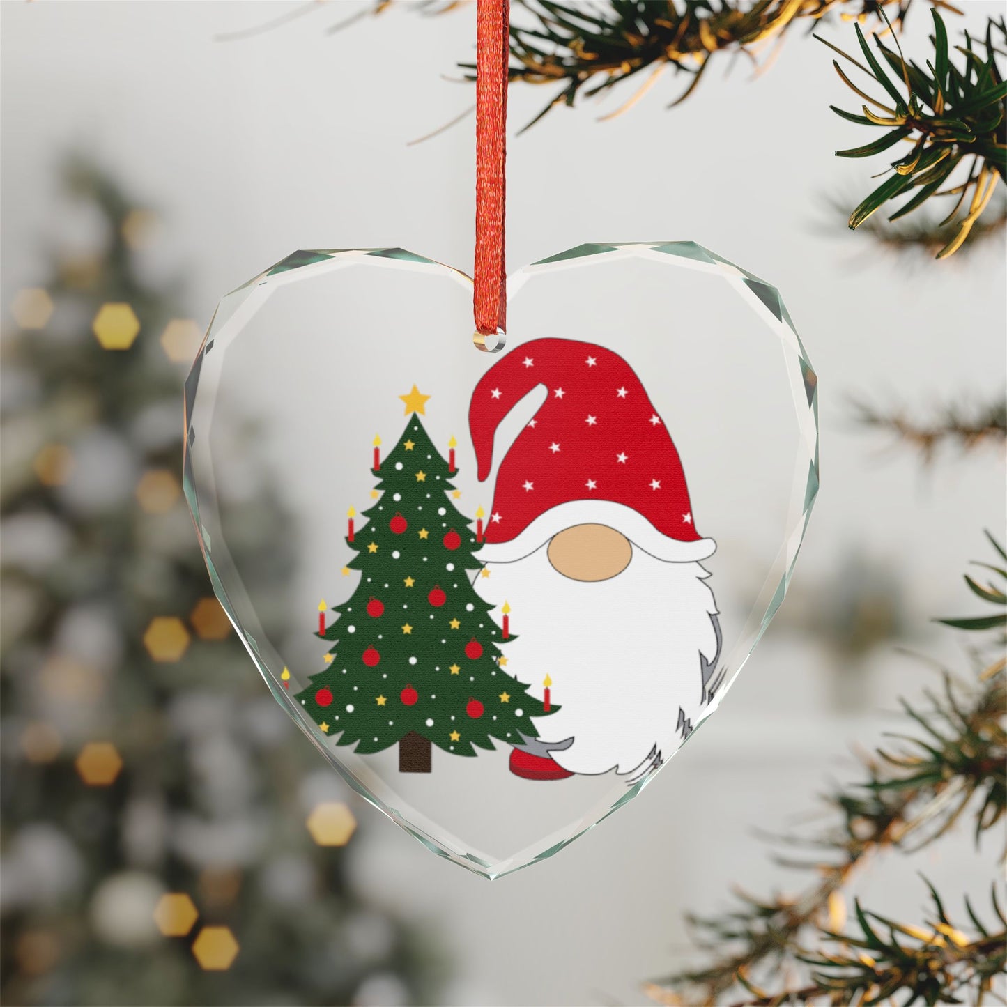 Heart Crystal Ornament — Cute Gnome with Christmas Tree Holiday Decoration