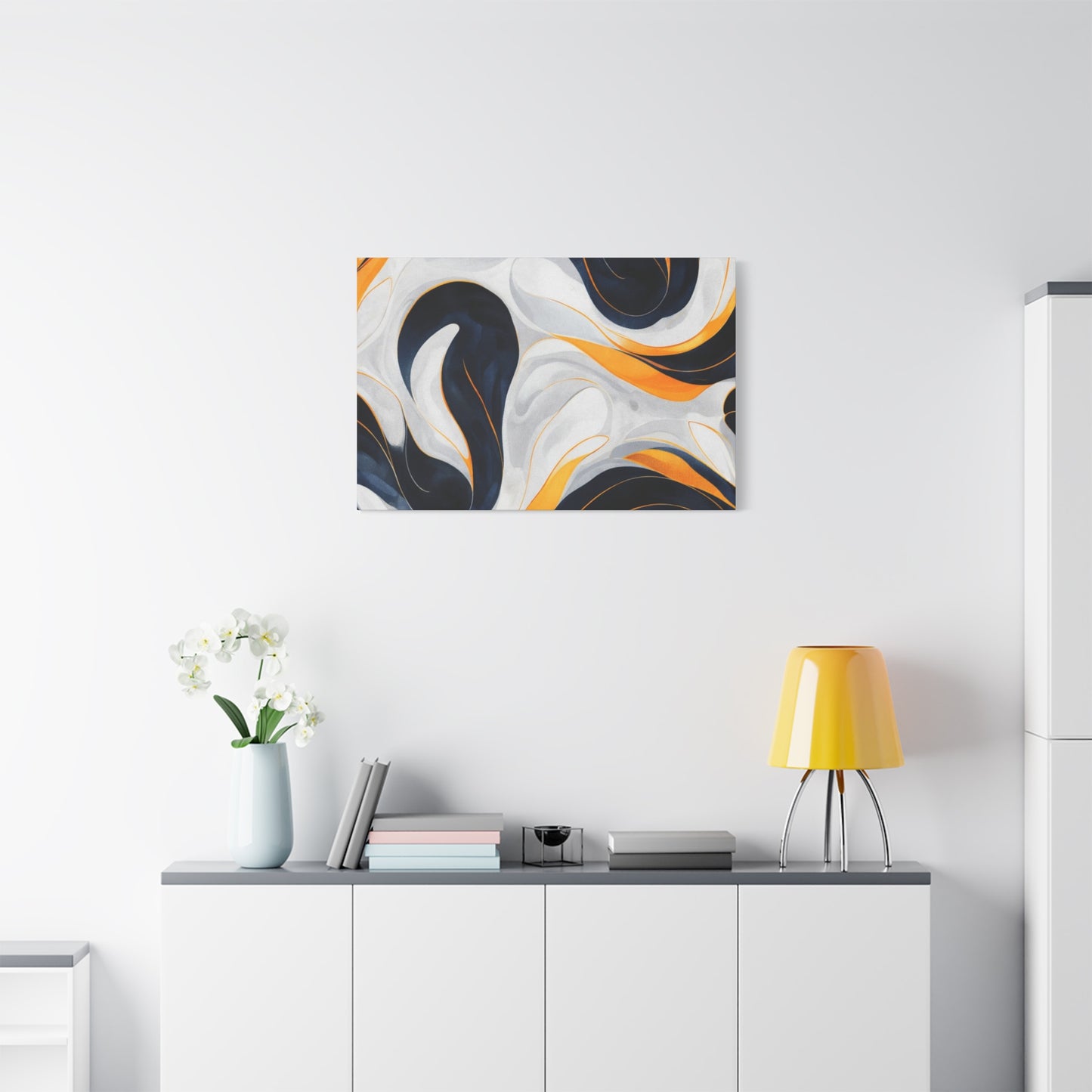 Abstract Fluid Art Matte Canvas Print — Navy, Gold & White Stretched Wall Art