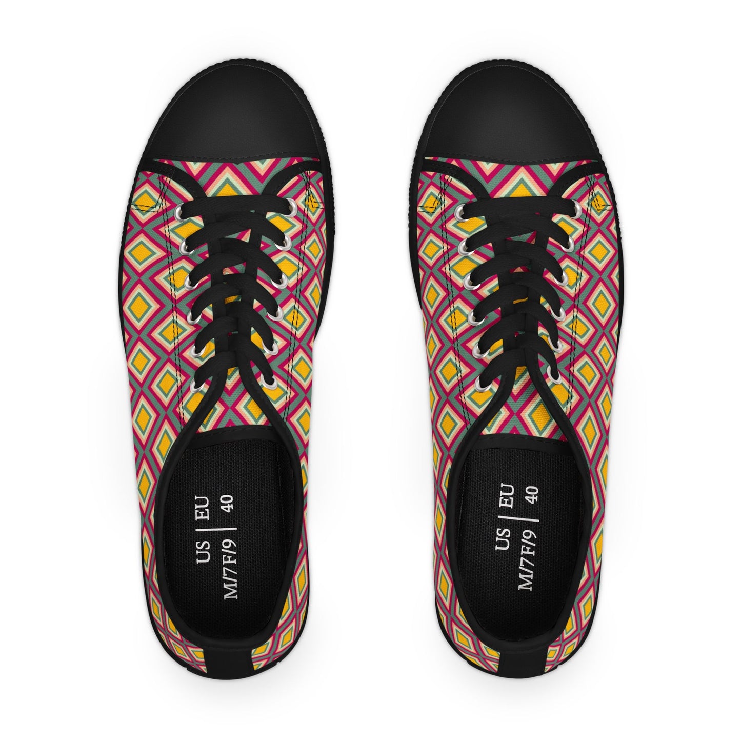 Low Top Sneakers — Retro Diamond Pattern Pink Yellow Casual Women's Shoes