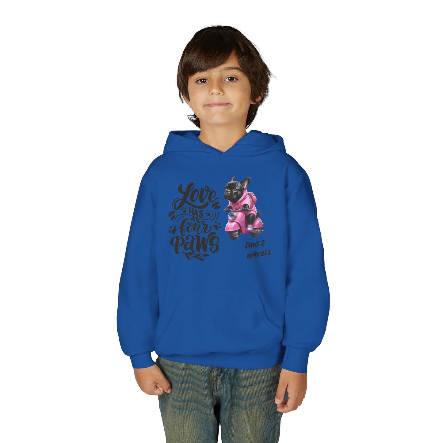 Youth Hoodie — "Love Has Four Paws" Pink Scooter French Bulldog Graphic