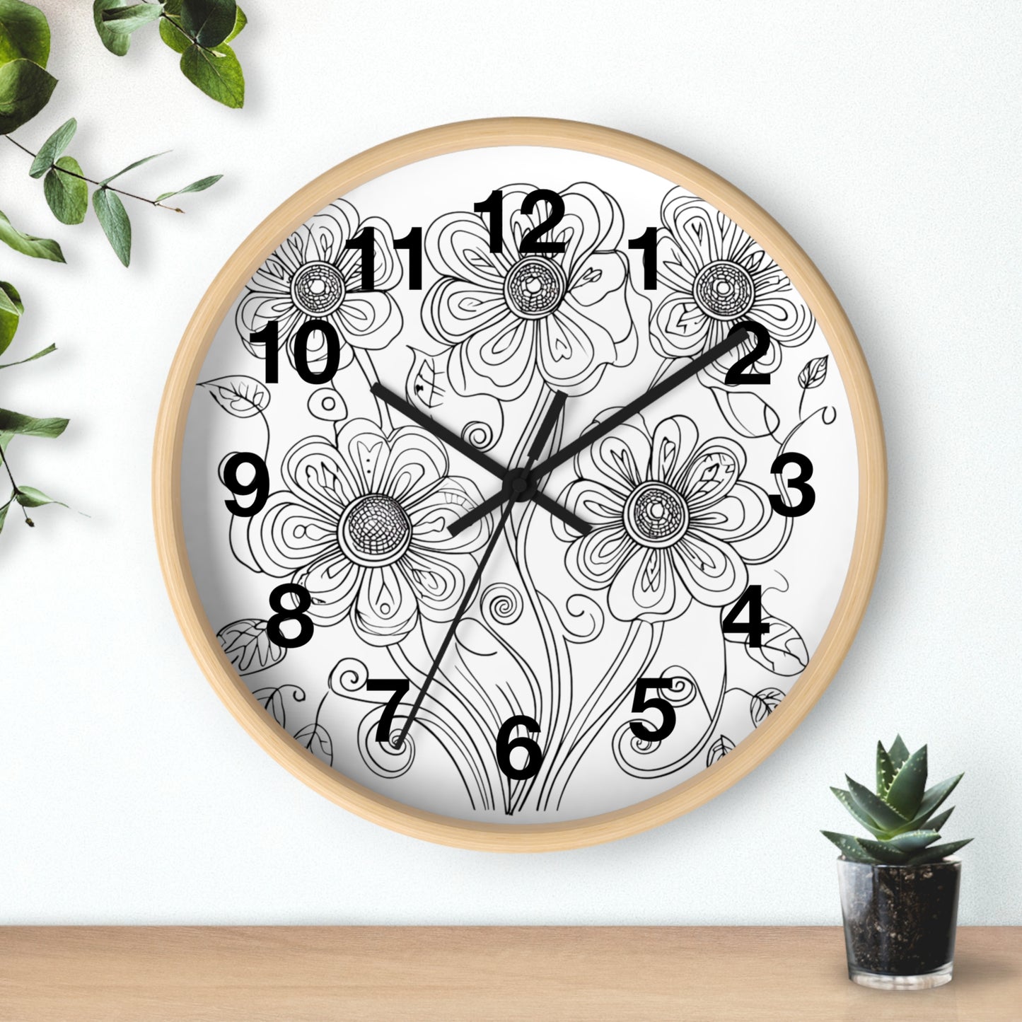 Floral Doodle Wall Clock — Black & White Hand-Drawn Flower Timepiece
