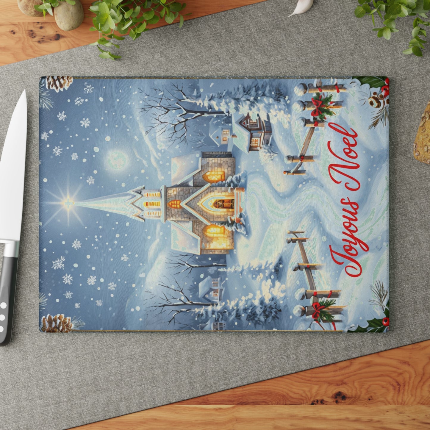 Glass Cutting Board — Joyeux Noël Winter Church Scene Holiday Kitchen Decor