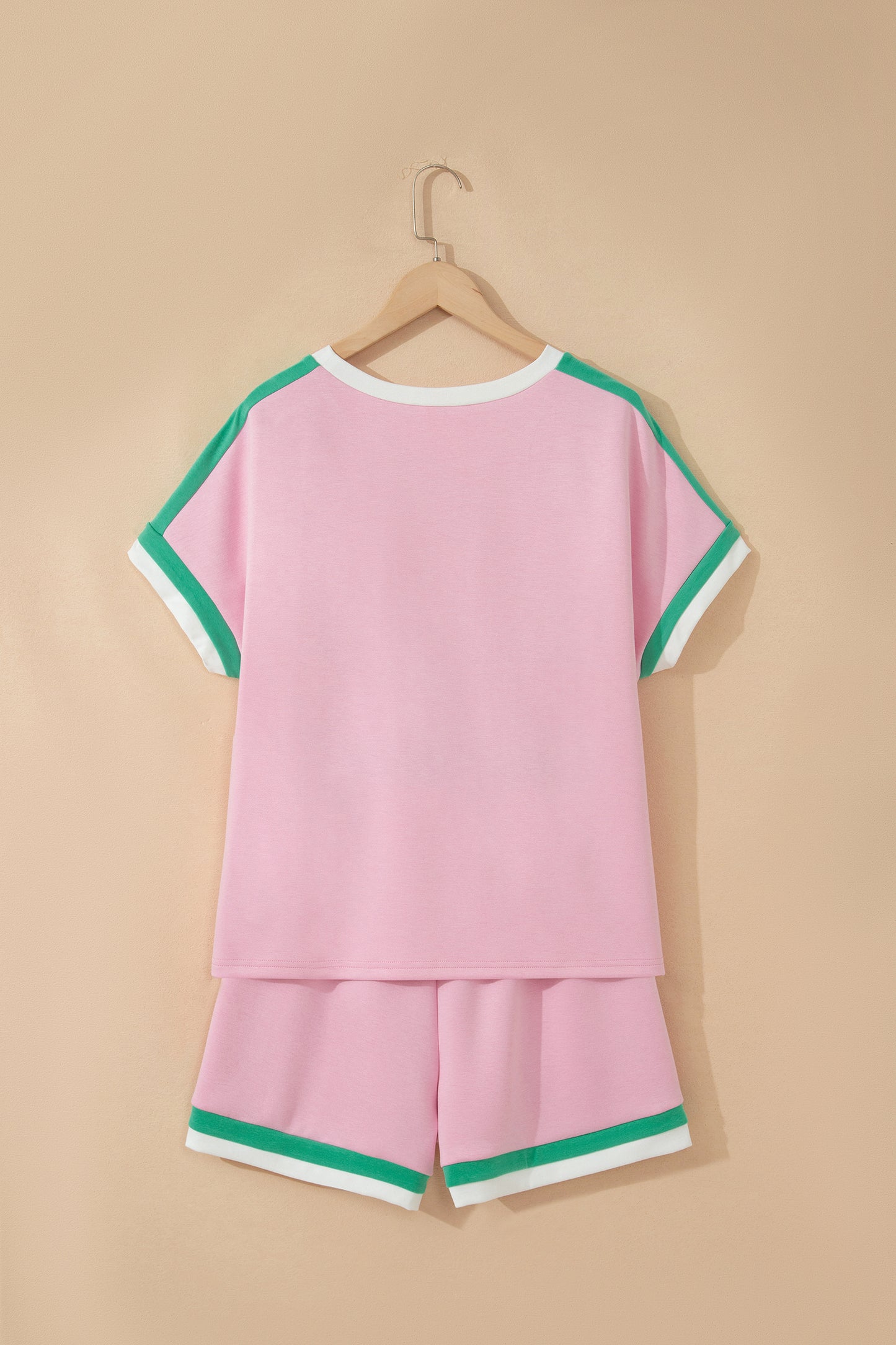 Bonbon Striped Trim Casual Tee Drawstring Shorts 2pcs Set