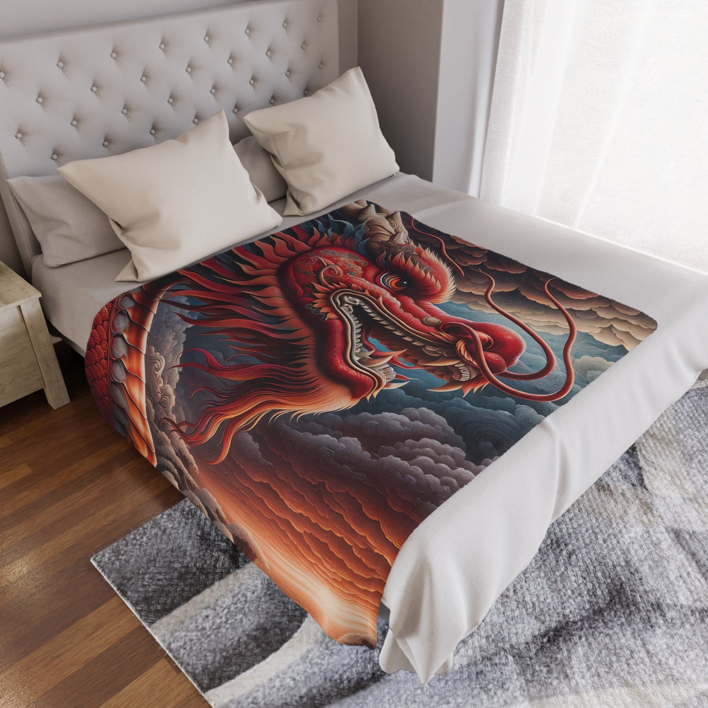 Red Dragon Minky Blanket — Soft Plush Throw with Fiery Asian Dragon Art