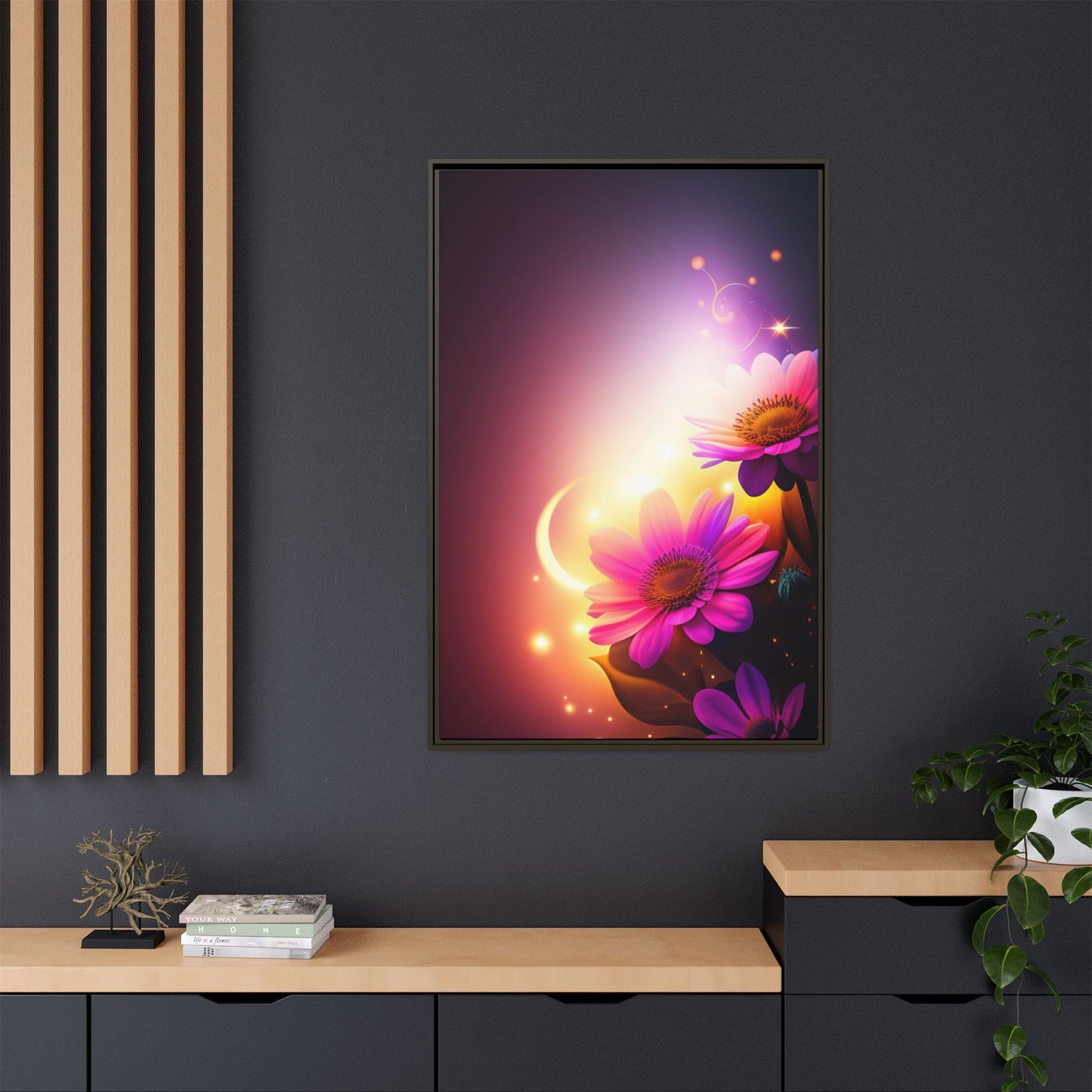 Framed Floral Canvas Art — Pink Daisies Sunset Wall Print