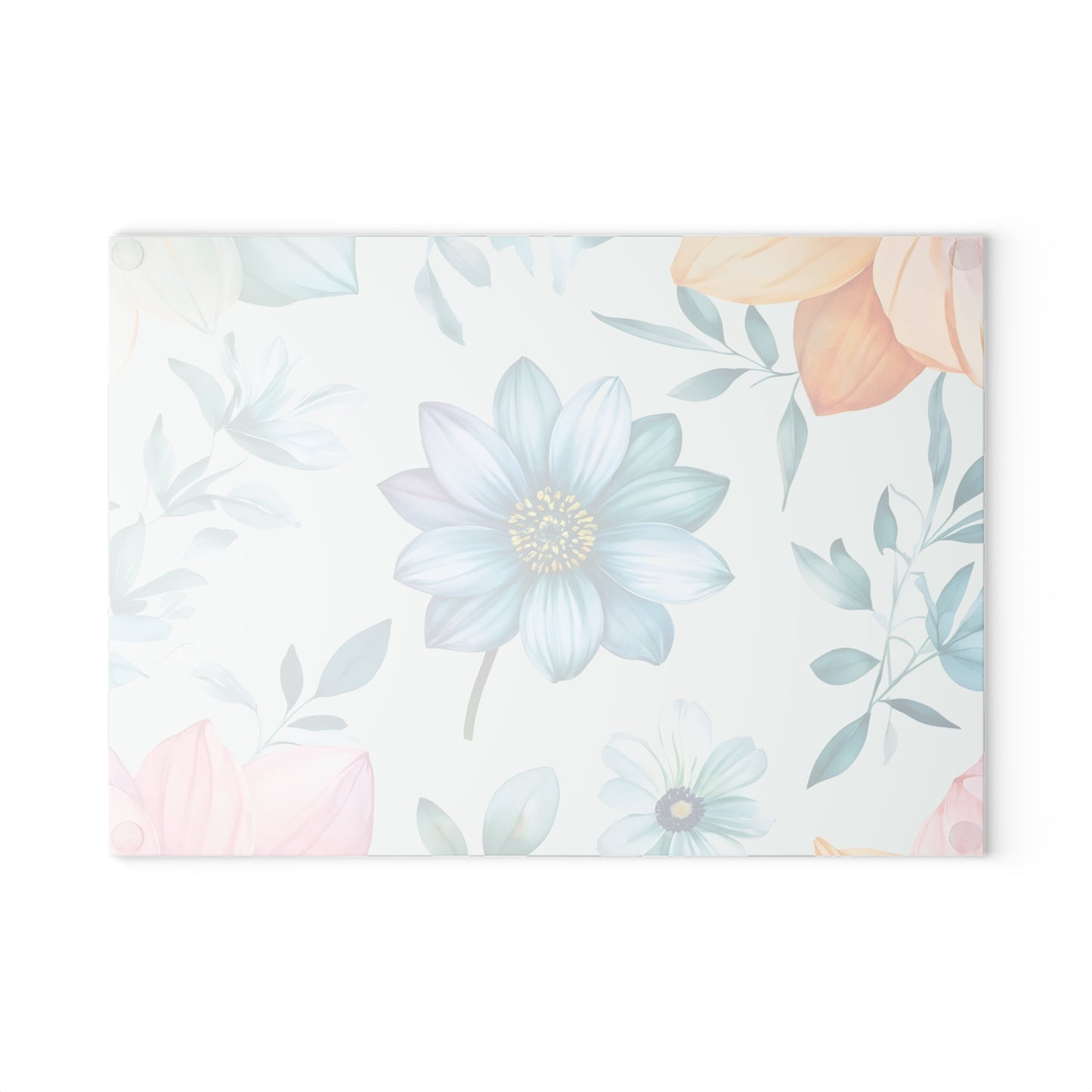 Floral Glass Cutting Board — Pastel Blue Watercolor Flowers