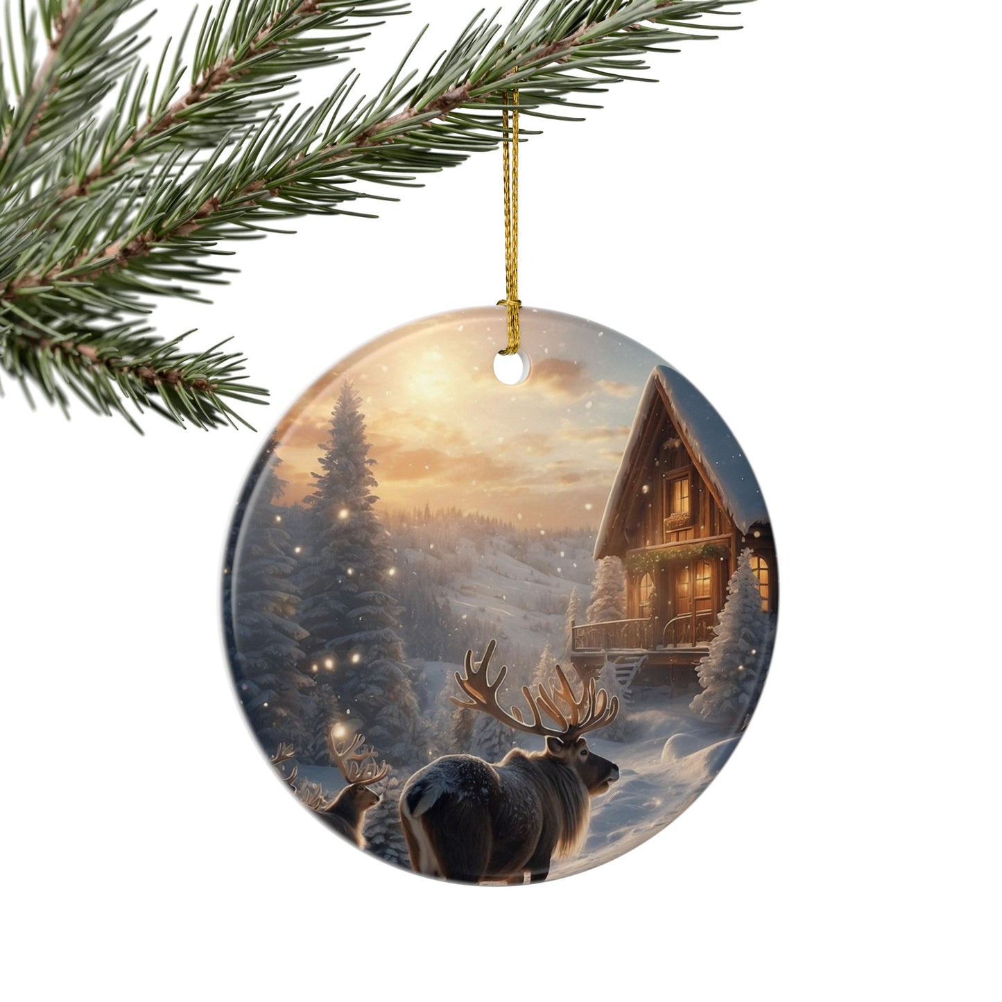Rustic Winter Cabin Ceramic Ornament — Reindeer Scene Holiday Tree Decoration