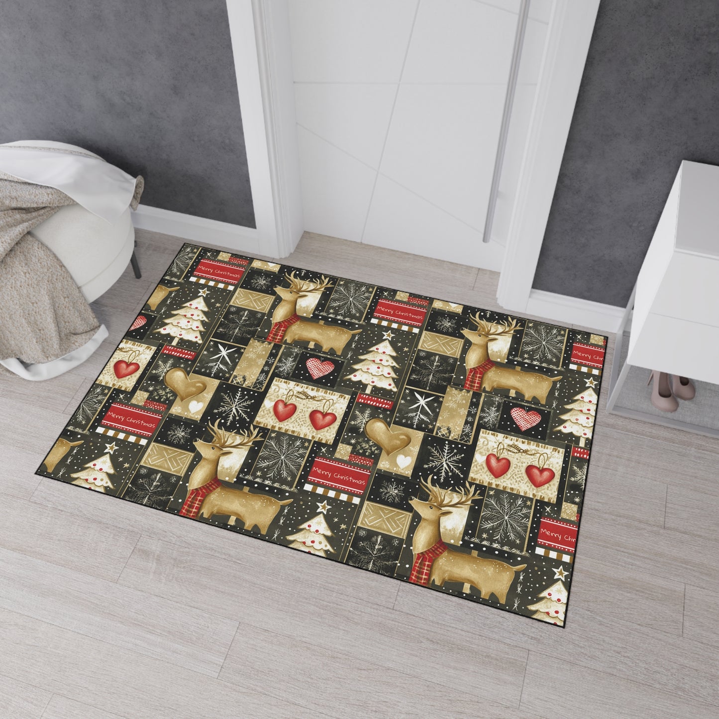 Christmas Reindeer Patchwork Floor Mat — Heavy Duty Holiday Entry Rug
