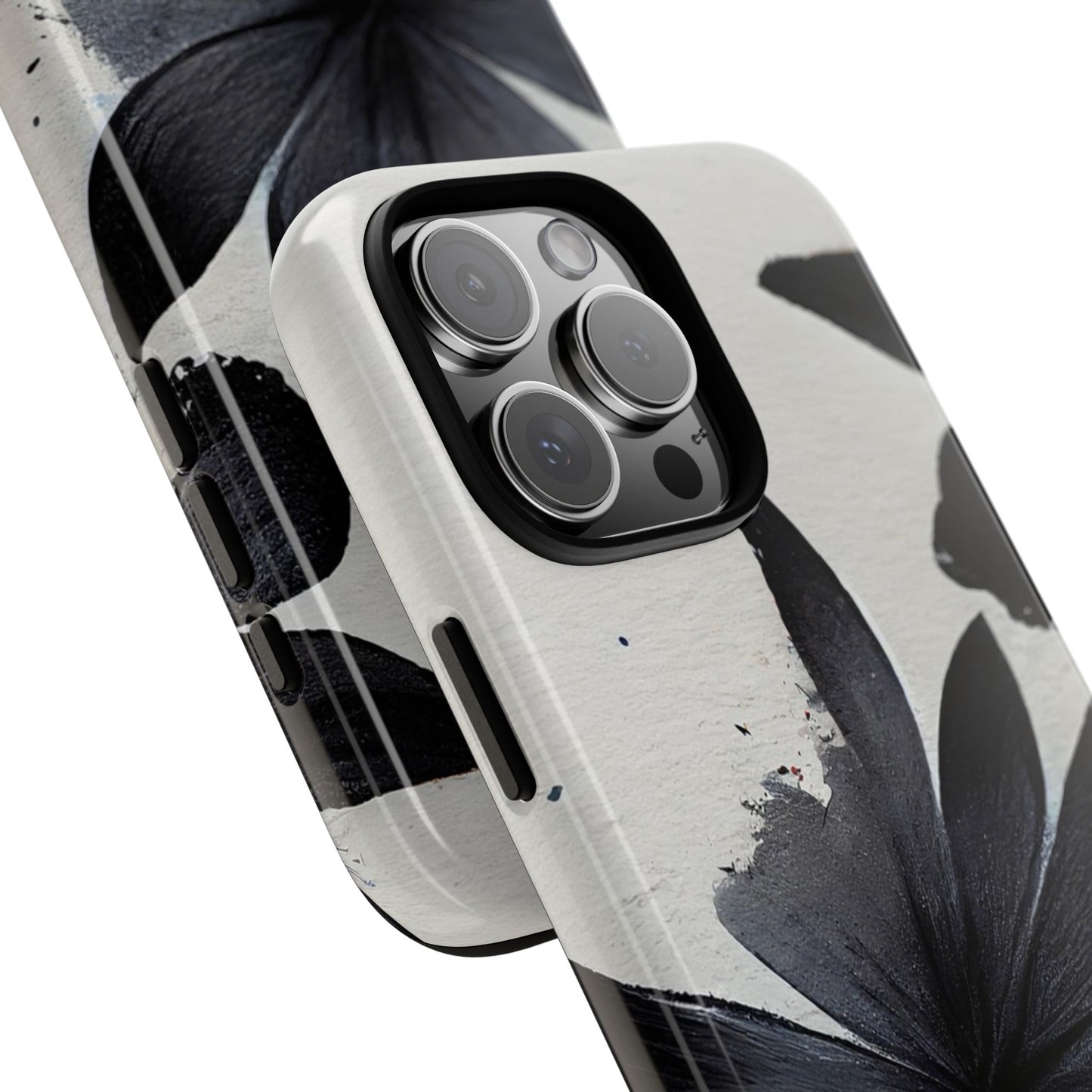 Monochrome Floral Tough Phone Case — Black Ink Flower Protective Cover