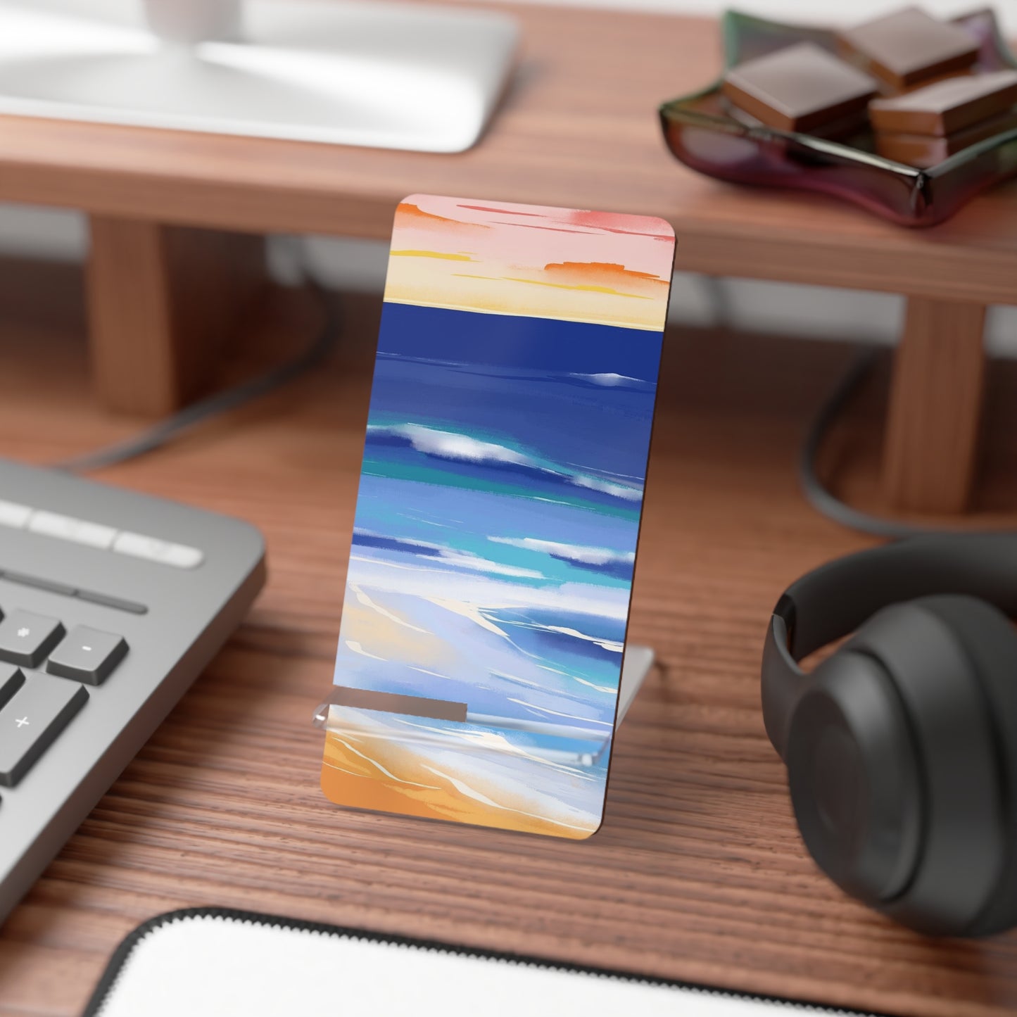 Beach Sunset Phone Stand — Foldable Mobile Display Stand with Abstract Ocean Design