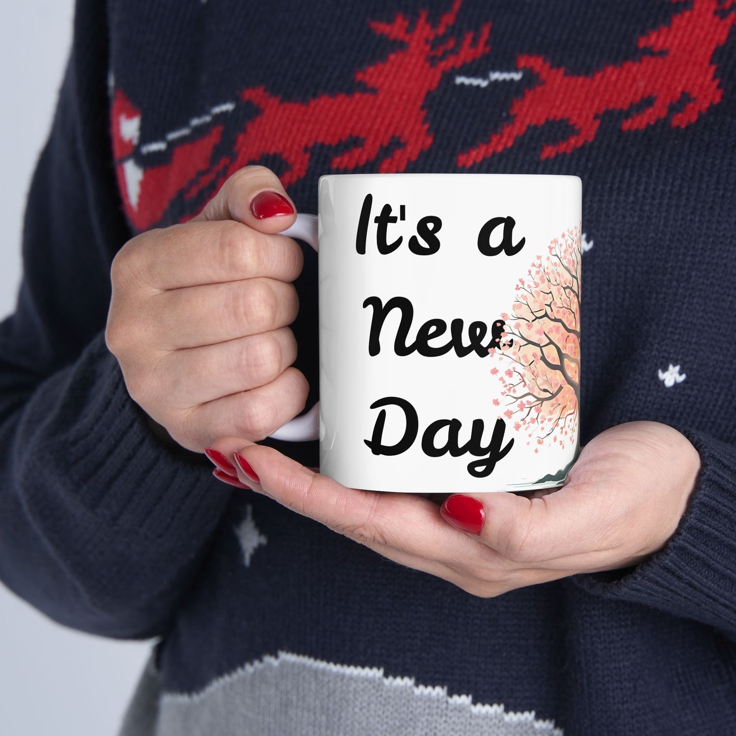 Inspirational Tree Ceramic Mug - "It's a New Day" Coffee Cup (11oz, 15oz)