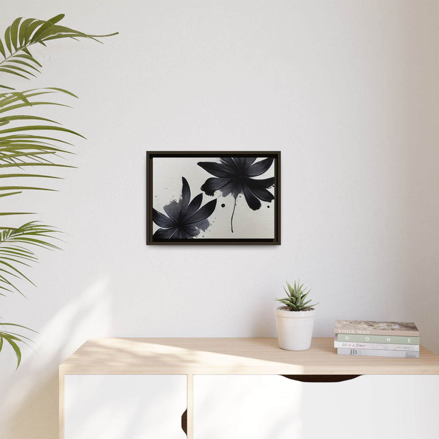 Framed Black Floral Matte Canvas Wall Art — Monochrome Botanical Print