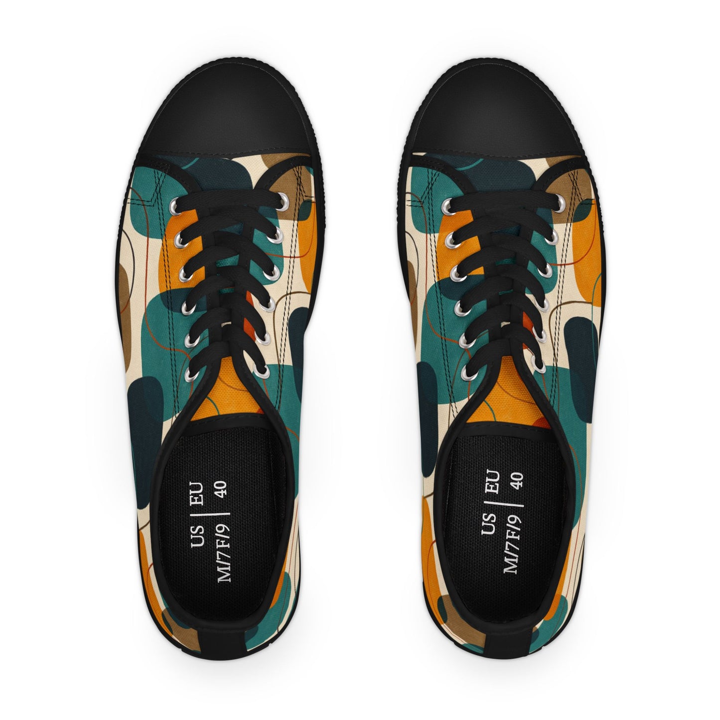 Low Top Sneakers — Retro Abstract Teal & Mustard Geometric Pattern
