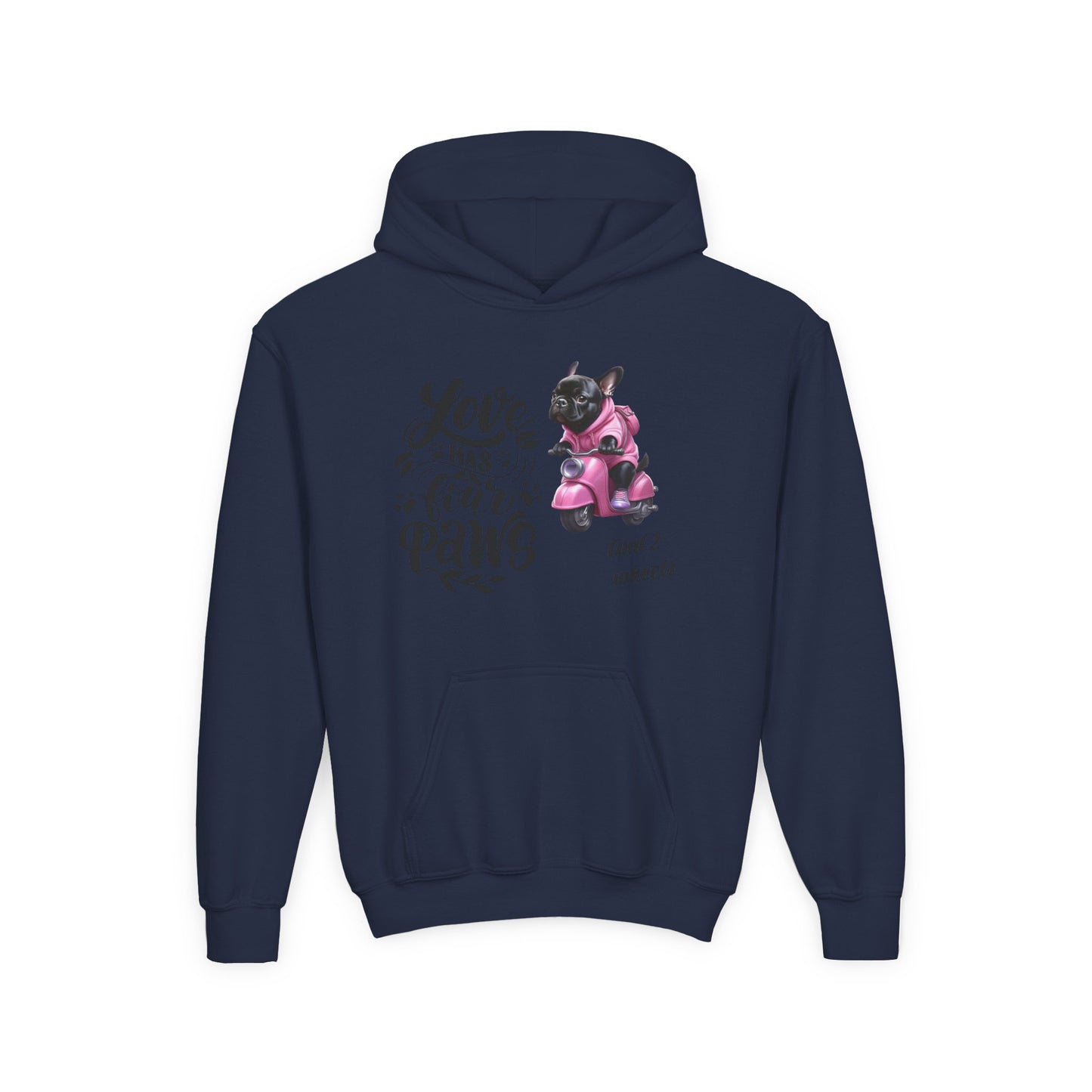 Youth Hoodie — "Love Has Four Paws" Pink Scooter French Bulldog Graphic